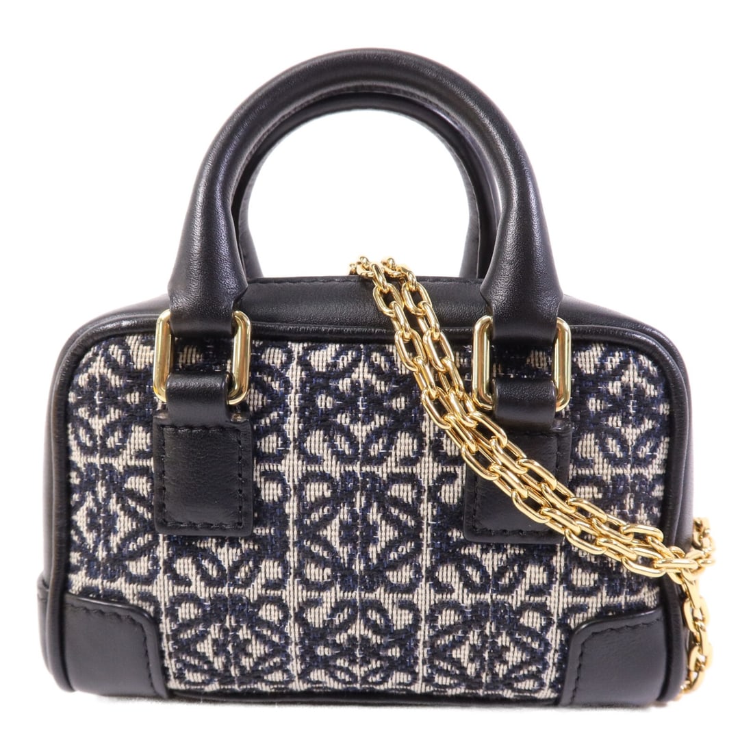 LOEWE Amazona Nano 2 Way Shoulder Bag Anagram Canvas Black Navy: LOEWE Amazona Nano 2 Way Shoulder Bag Anagram Canvas Black Navy A LOEWE Amazona Nano 2 Way Chain Shoulder Bag in black and navy canvas with Anagram canvas detailing. It features a shoulder strap and c