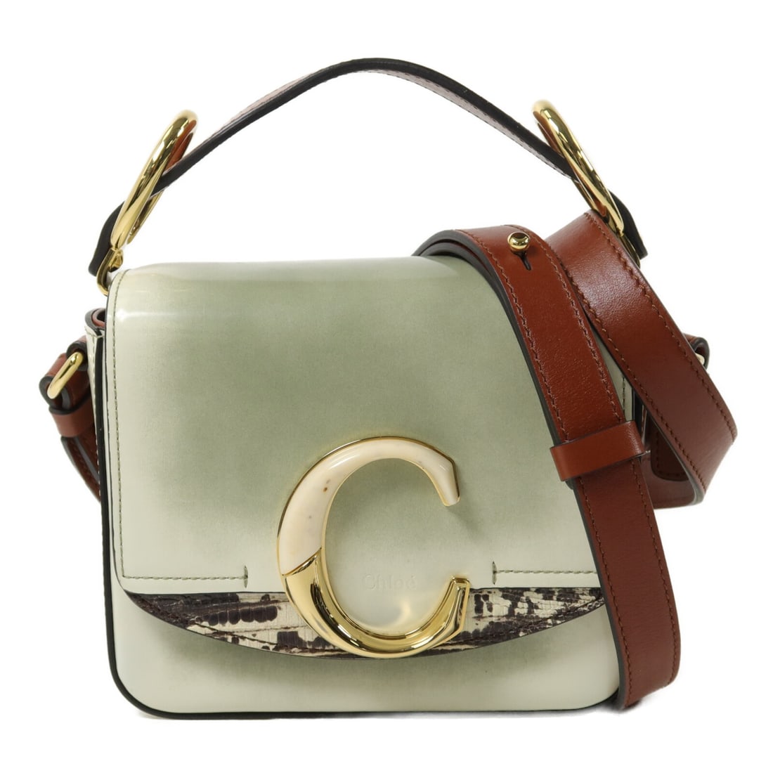 Chloe Mini C 2Way Shoulder Bag Green Calfskin Leather: Chloe Mini C 2Way Shoulder Bag Green Calfskin Leather This Chloe 2-way shoulder bag is crafted in green calfskin (cowhide) with a compact mini silhouette. It features a flap pocket and comes with a sh