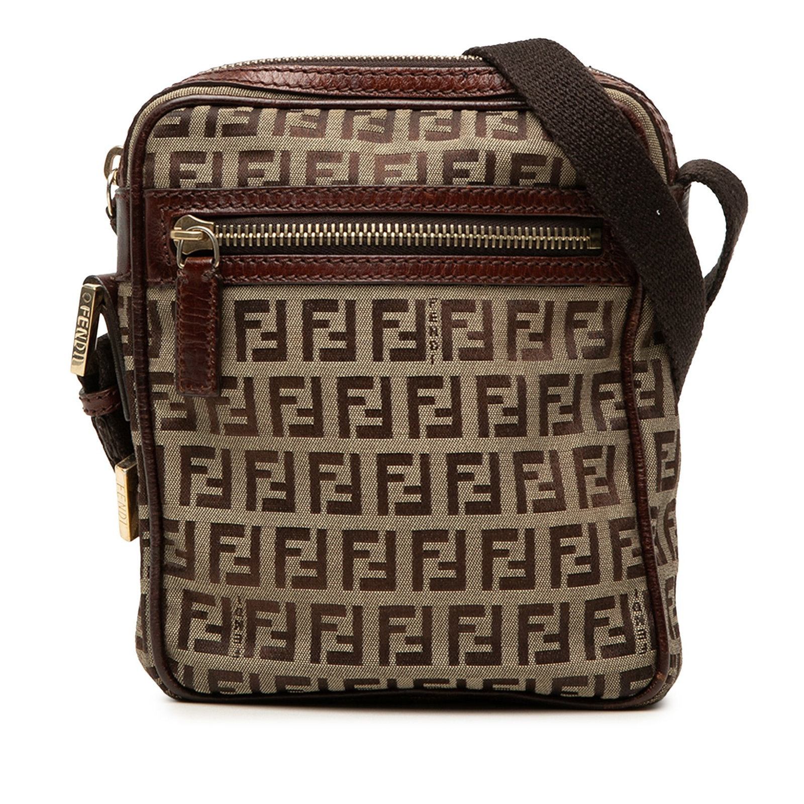 Fendi Zucchino beige canvas crossbody bag with leather trim: Fendi Zucchino beige canvas crossbody bag with leather trim Fendi Zucchino canvas crossbody bag with leather trim and an adjustable flat strap. The bag features a top zip closure, an exterior zip pock