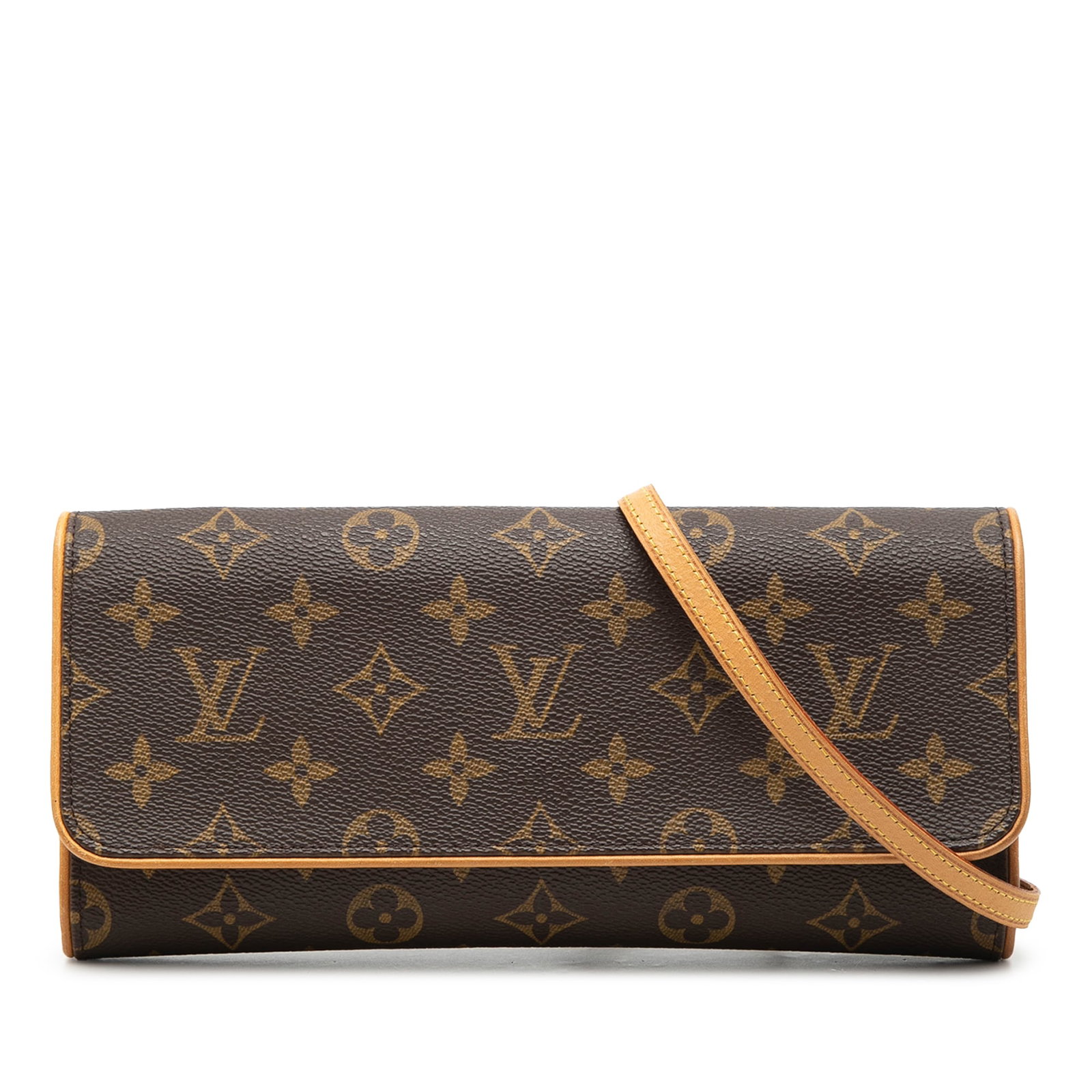 Louis Vuitton Pochette Twin GM Monogram Shoulder Bag: Louis Vuitton Pochette Twin GM Monogram Shoulder Bag Louis Vuitton Monogram Pochette Twin GM bag in monogram canvas with vachetta leather trim and a flat vachetta leather strap. It features a front fl