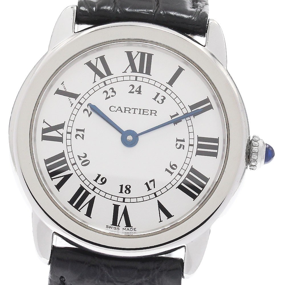 Cartier Ronde Solo SM quartz wristwatch ref W6700155 for women: Cartier Ronde Solo SM quartz wristwatch ref W6700155 for women Pre-owned Cartier Ronde Solo SM quartz women's wristwatch with a stainless steel case, silver dial, and leather strap. The watch shows li