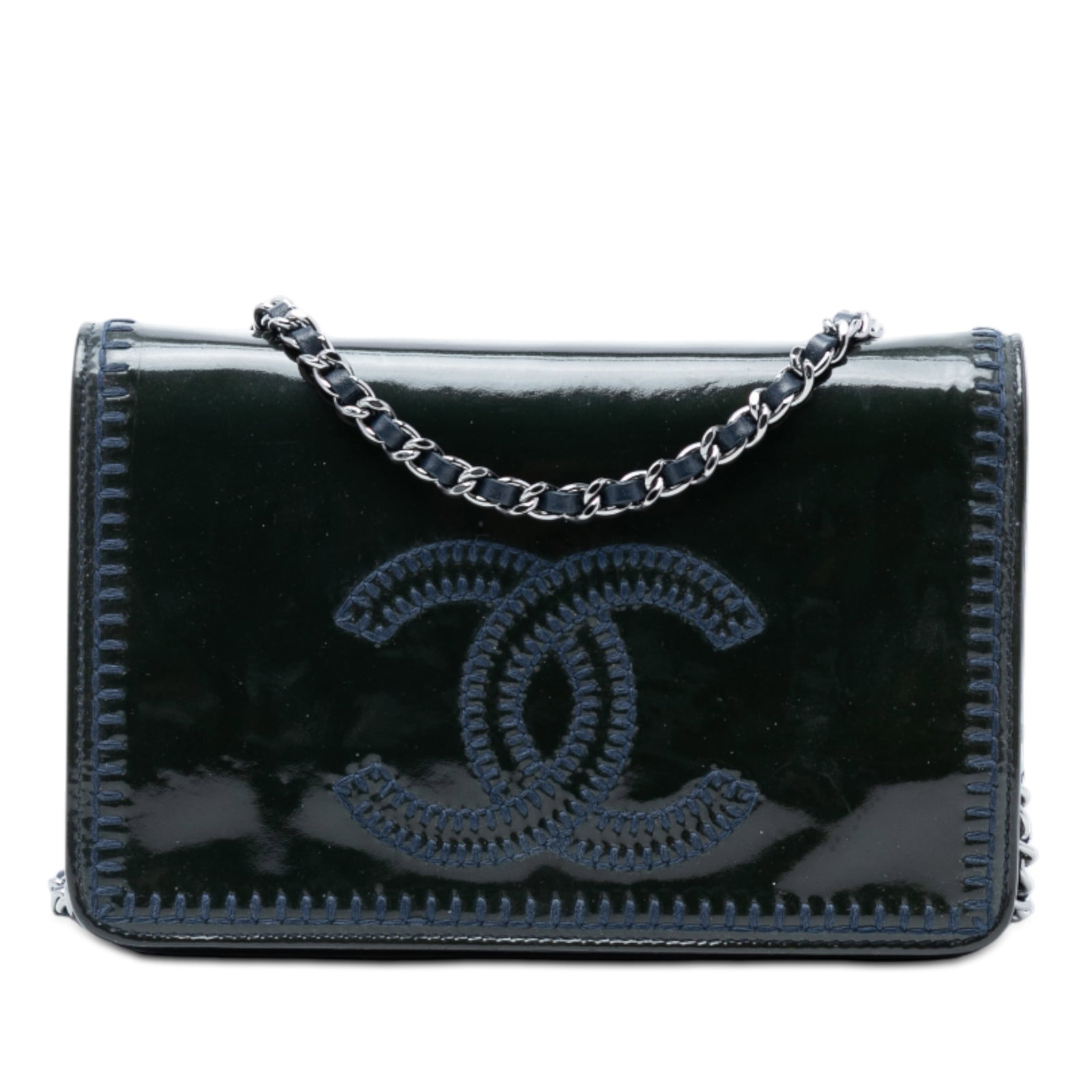 Chanel Blue Patent Leather Whipstitch Chain Wallet On Chain Bag: Chanel Blue Patent Leather Whipstitch Chain Wallet On Chain Bag This Chanel CC Patent Whipstitch Wallet On Chain features a blue patent leather body, a leather-woven chain link strap, and a front flap