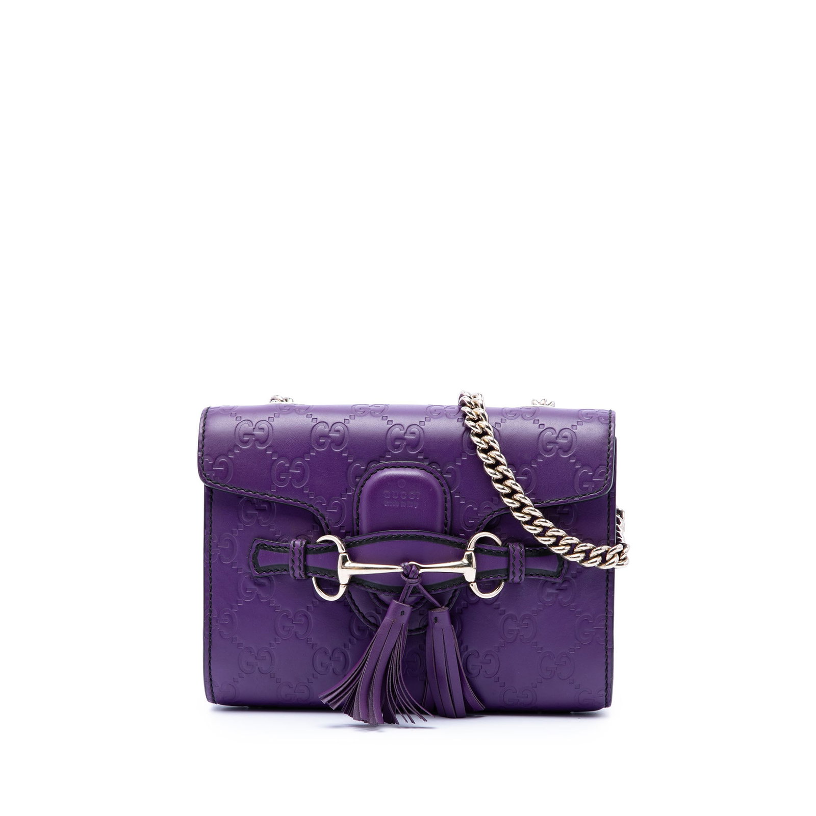Gucci Emily Mini Guccissima Leather Crossbody Bag Purple: Gucci Emily Mini Guccissima Leather Crossbody Bag Purple The Mini Guccissima Emily Crossbody is crafted in embossed leather and features a chain link strap with a leather guard, a front flap with a sl