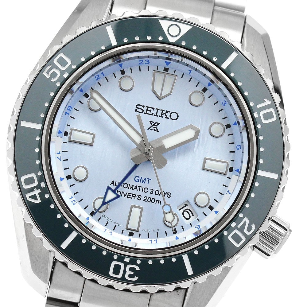 Seiko Prospex SBEJ013 6R54-00C0 mens automatic GMT watch: Seiko Prospex SBEJ013 6R54-00C0 mens automatic GMT watch Pre-owned Seiko Prospex GMT automatic men's wristwatch from Japan with an ice blue dial and stainless steel case and bracelet. Features include