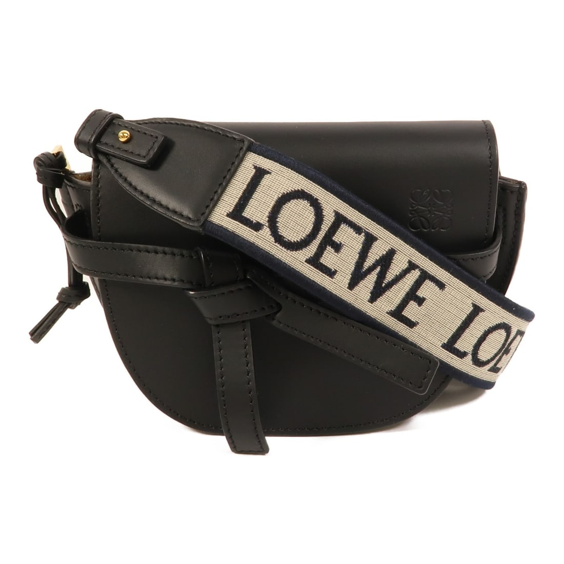 LOEWE Mini Gate Shoulder Bag Black Calfskin Leather: LOEWE Mini Gate Shoulder Bag Black Calfskin Leather A LOEWE Mini Gate shoulder bag crafted from calfskin leather in black. It features a shoulder strap, a magnetic pocket, and two open interior pocket
