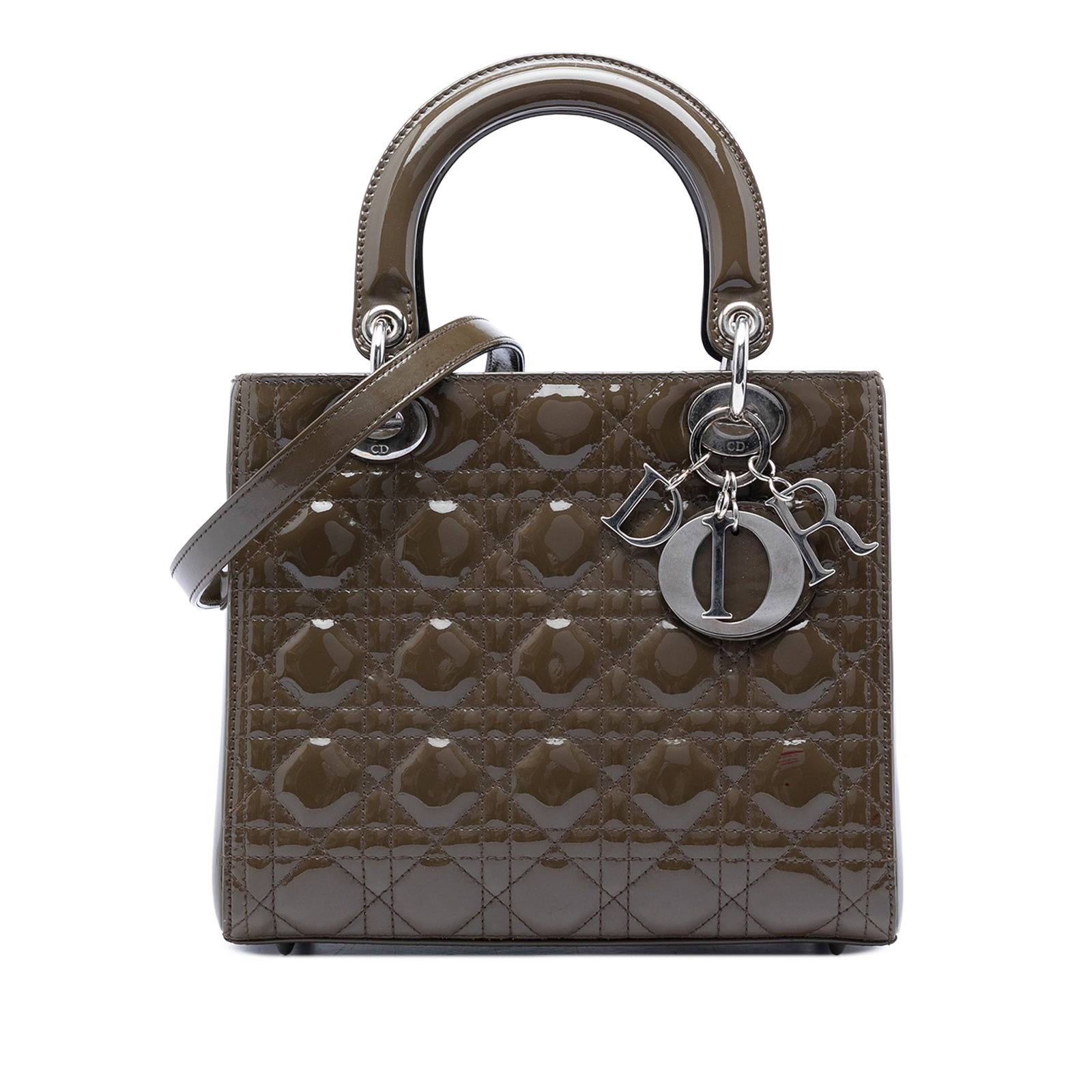 Dior Lady Dior Medium Cannage Patent Leather Handbag Brown: Dior Lady Dior Medium Cannage Patent Leather Handbag Brown Medium Lady Dior bag in brown patent leather with the Cannage quilted body. It features flat leather top handles, a detachable flat leather s
