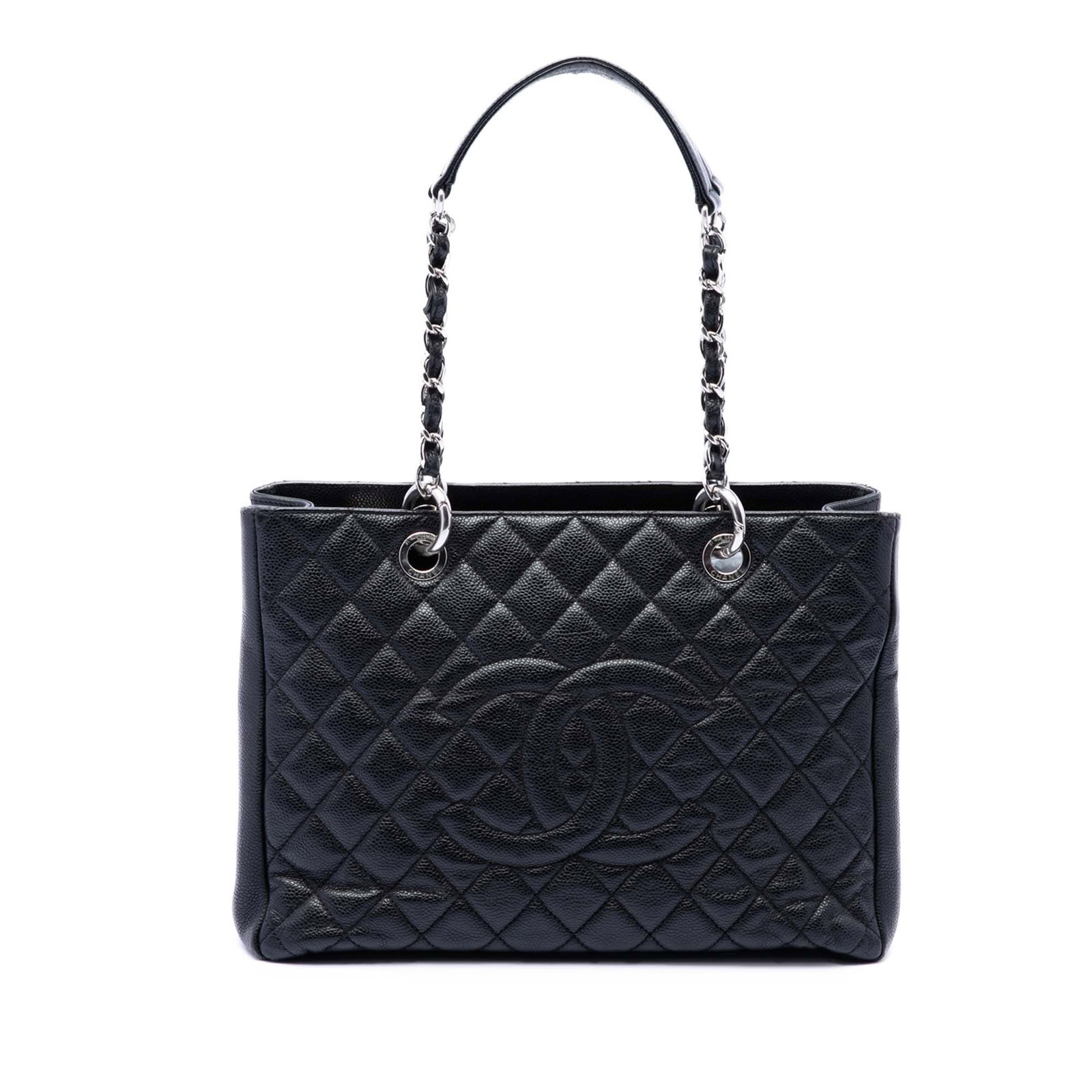 Chanel Grand Shopping Tote in Black Caviar Leather: Chanel Grand Shopping Tote in Black Caviar Leather This Chanel Grand Shopping Tote is crafted in quilted Caviar leather and features leather-woven chain shoulder straps, an open top, an exterior back 