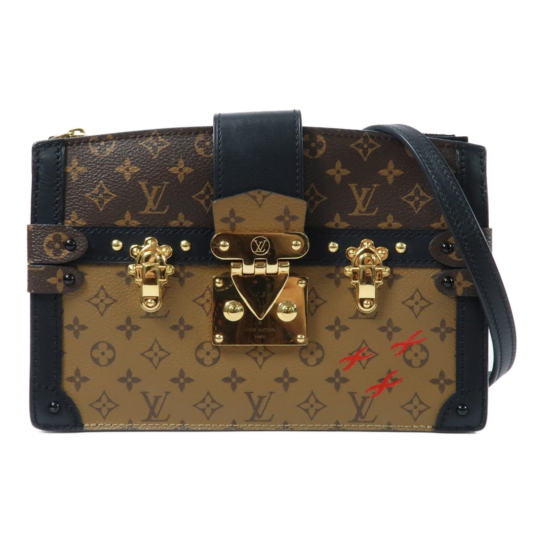 Louis Vuitton M43596 Monogram Reverse Trunk Clutch Shoulder Bag Brown: Louis Vuitton M43596 Monogram Reverse Trunk Clutch Shoulder Bag Brown A Louis Vuitton Trunk Clutch shoulder bag in brown, featuring Monogram Reverse and PVC coated canvas. It is a women's regular-size