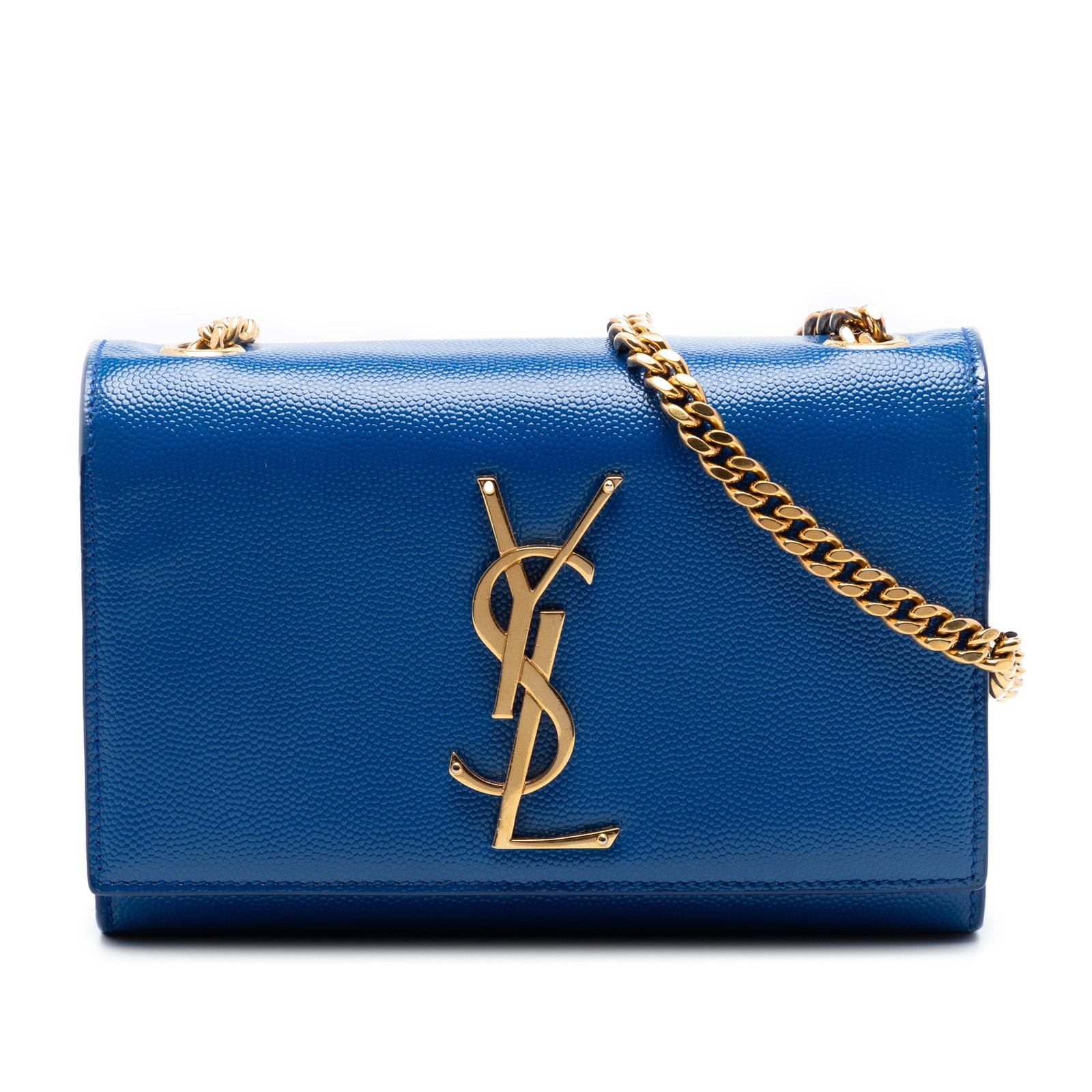 Saint Laurent Kate Crossbody Blue Leather YSL Chain Strap: Saint Laurent Kate Crossbody Blue Leather YSL Chain Strap Saint Laurent Small Grain De Poudre Monogram Kate Crossbody in blue leather with a front flap, metal YSL logo, magnetic closure, and interior 