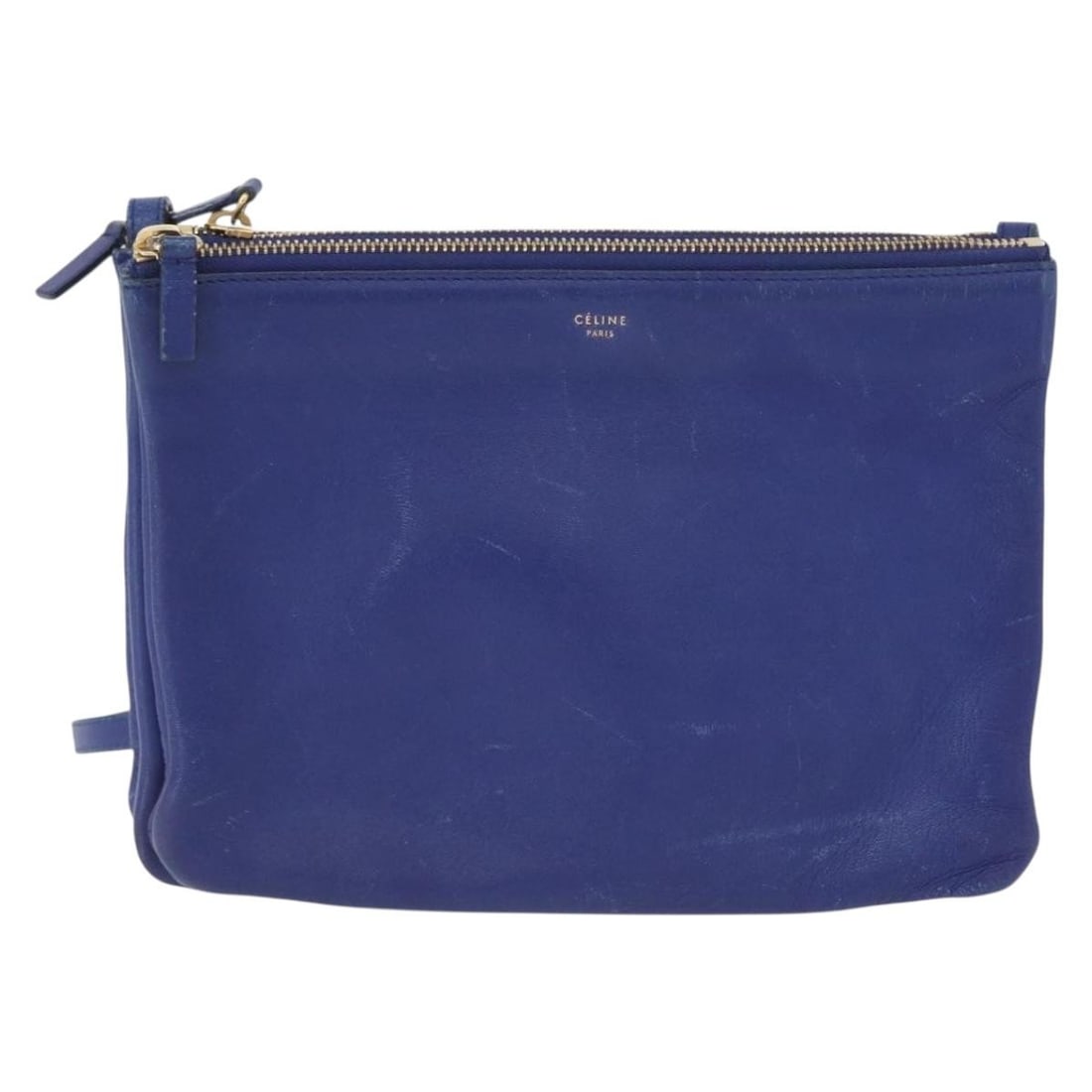 Celine Trio blue leather shoulder bag: Celine Trio blue leather shoulder bag Celine Trio leather shoulder bag in blue. This pre-owned piece is in fair, usable vintage condition with visible wear throughout, including shape loss, rubbing, s