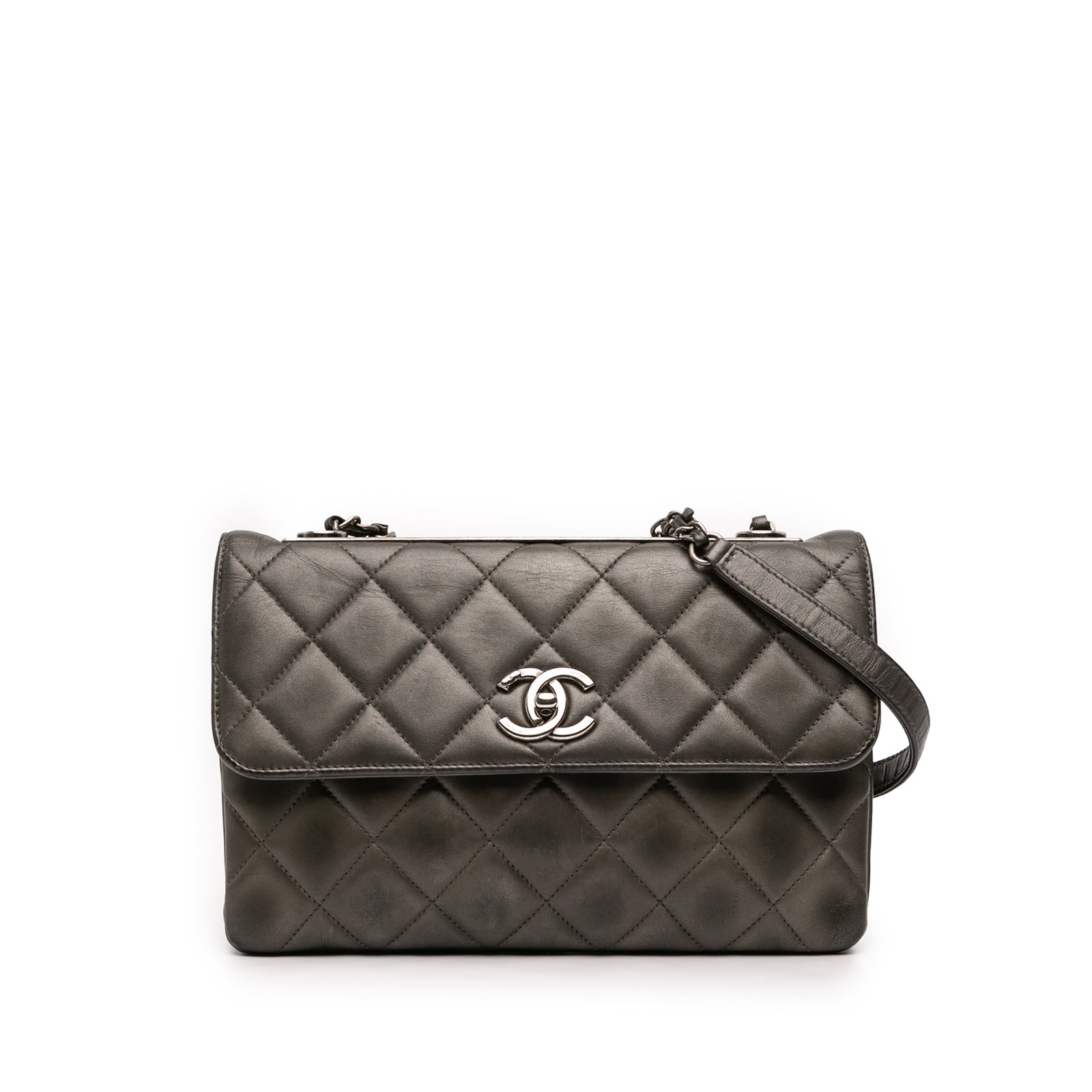 Chanel Trendy CC gray lambskin flap bag: Chanel Trendy CC gray lambskin flap bag This Chanel Medium Lambskin Trendy CC Flap bag is crafted from quilted gray lambskin leather and features a leather-woven chain strap with a leather shoulder gu