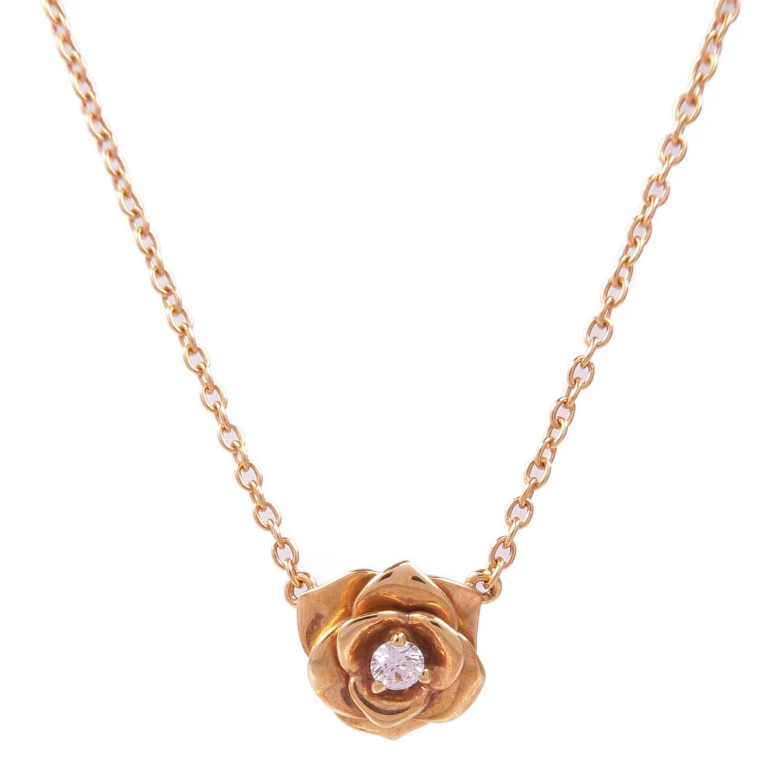 PIAGET G33U0081 Rose Pendant Necklace 18K Pink Gold Diamond: PIAGET G33U0081 Rose Pendant Necklace 18K Pink Gold Diamond Piaget Rose pendant diamond necklace in K18PG rose gold with clear diamond accents. This women's necklace is model G33U0081 and is made in S