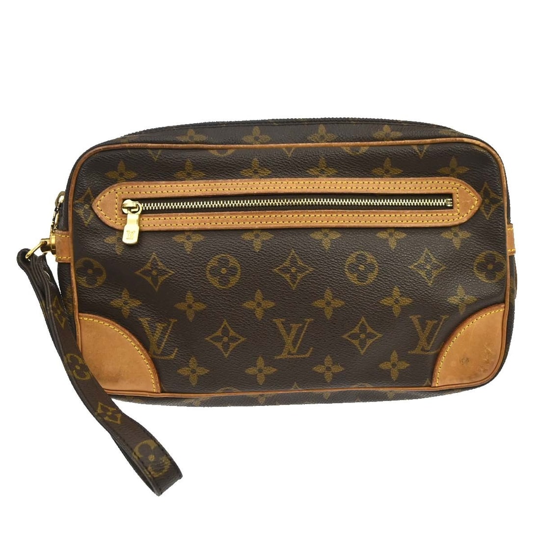 Louis Vuitton Marly Dragonne GM Monogram Leather Vintage Clutch: Louis Vuitton Marly Dragonne GM Monogram Leather Vintage Clutch Vintage Louis Vuitton Marly Dragonne GM clutch bag in brown Monogram canvas with leather trim. This unisex clutch features a wrist strap