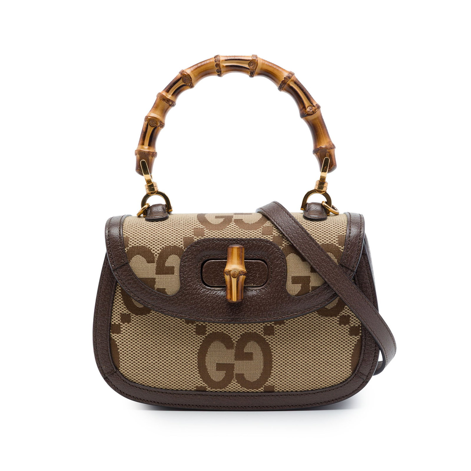 Gucci Bamboo 1947 Small Jumbo GG Canvas Satchel: Gucci Bamboo 1947 Small Jumbo GG Canvas Satchel Small Gucci Bamboo 1947 top handle bag in Jumbo GG canvas with leather trim and a bamboo handle. The bag features a detachable flat leather shoulder str