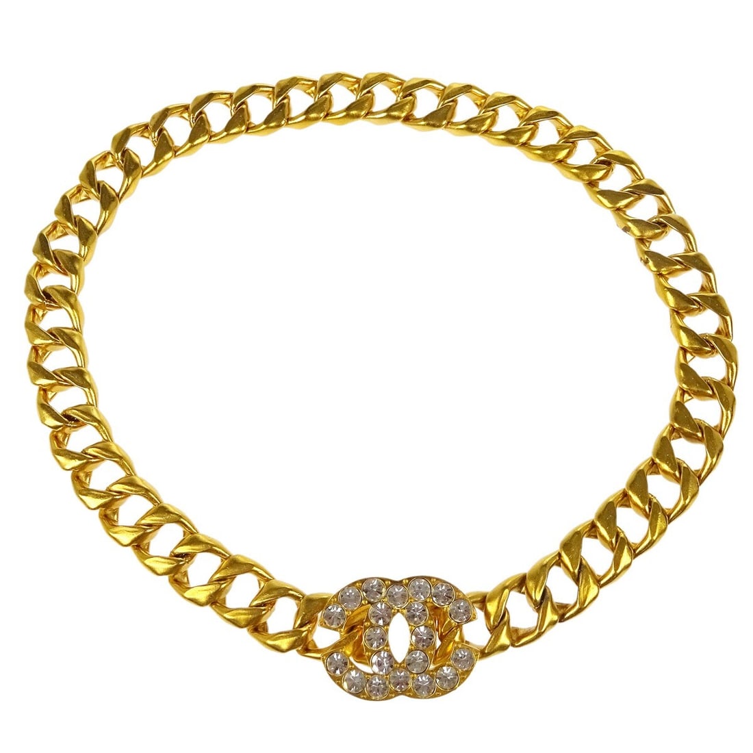 Chanel 95P Gold Plated Chain Belt with Rhinestone CC: Chanel 95P Gold Plated Chain Belt with Rhinestone CC Gold-plated Chanel chain belt for women in gold color with rhinestone accents. It is adjustable and made in France. The belt features a chain desig