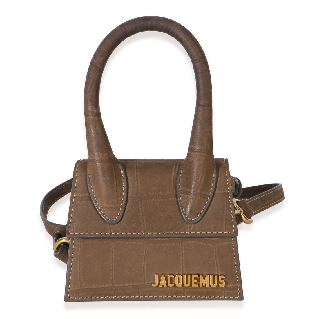 Jacquemus Le Chiquito brown suede croc embossed handbag: Jacquemus Le Chiquito brown suede croc embossed handbag Pre-owned Jacquemus Le Chiquito handbag in brown croc-embossed suede. This compact design features a magnetic snap closure, beige canvas lining,