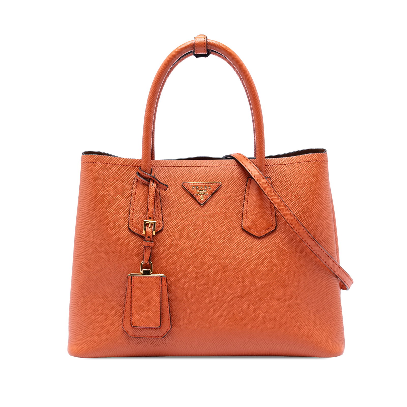 Prada orange saffiano leather double-handle satchel: Prada orange saffiano leather double-handle satchel This Prada Medium Saffiano Cuir Double Handle Satchel is crafted from saffiano leather in orange and features rolled leather handles, an adjustable 