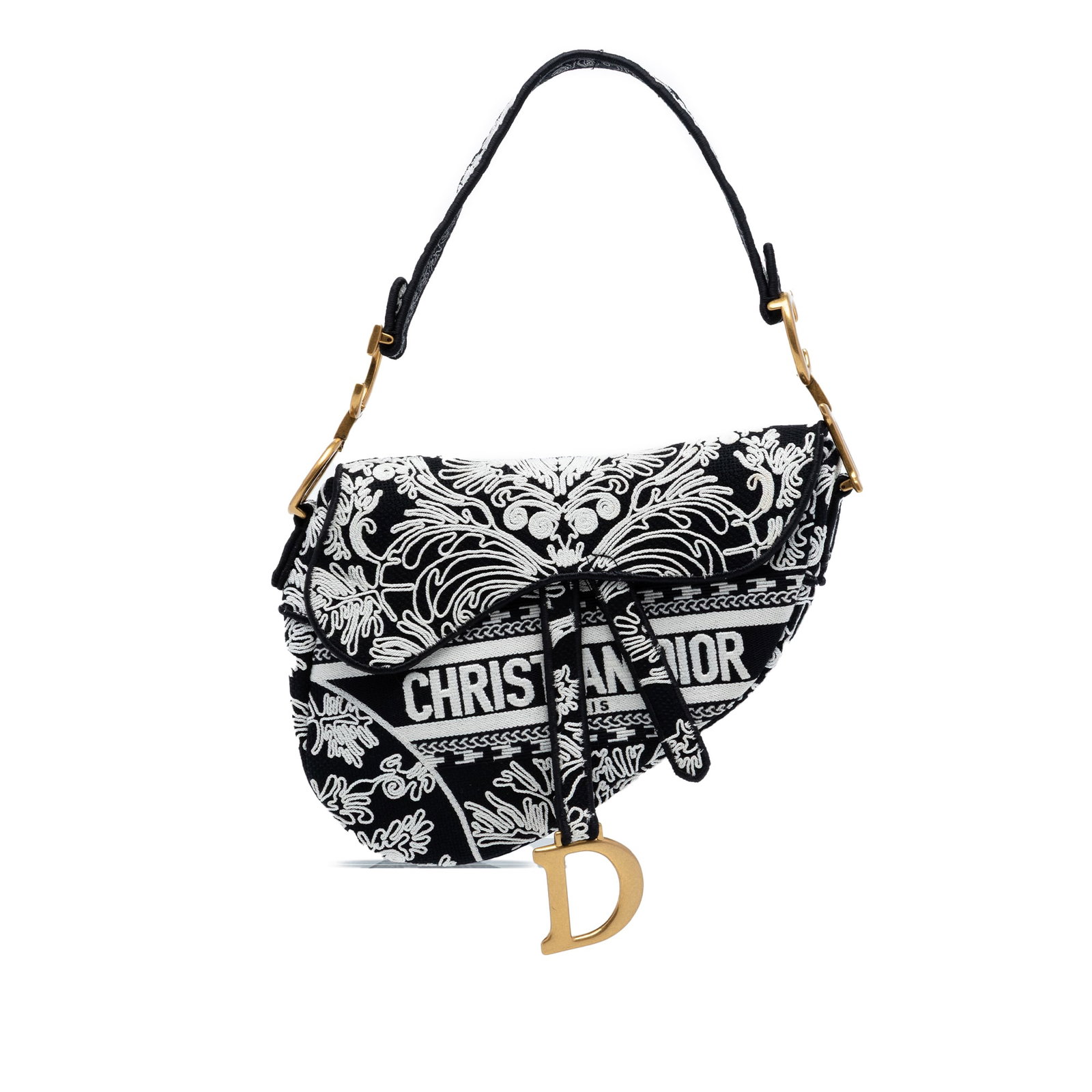 Dior embroidered canvas Saddle bag black Italy: Dior embroidered canvas Saddle bag black Italy This Dior Canvas Embroidered Ornamental Cornely Saddle Bag features a black embroidered canvas body with an ornamental design, a flat shoulder strap, a f