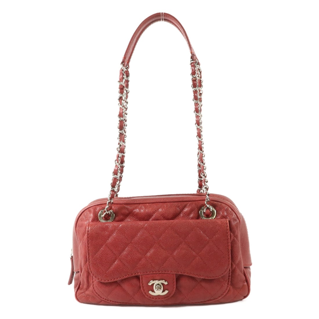 CHANEL CC Red Calfskin Shoulder Bag with SHW: CHANEL CC Red Calfskin Shoulder Bag with SHW Chanel CC shoulder bag in red calfskin leather with silver-tone hardware. Designed for women, this shoulder bag features multiple interior and exterior poc