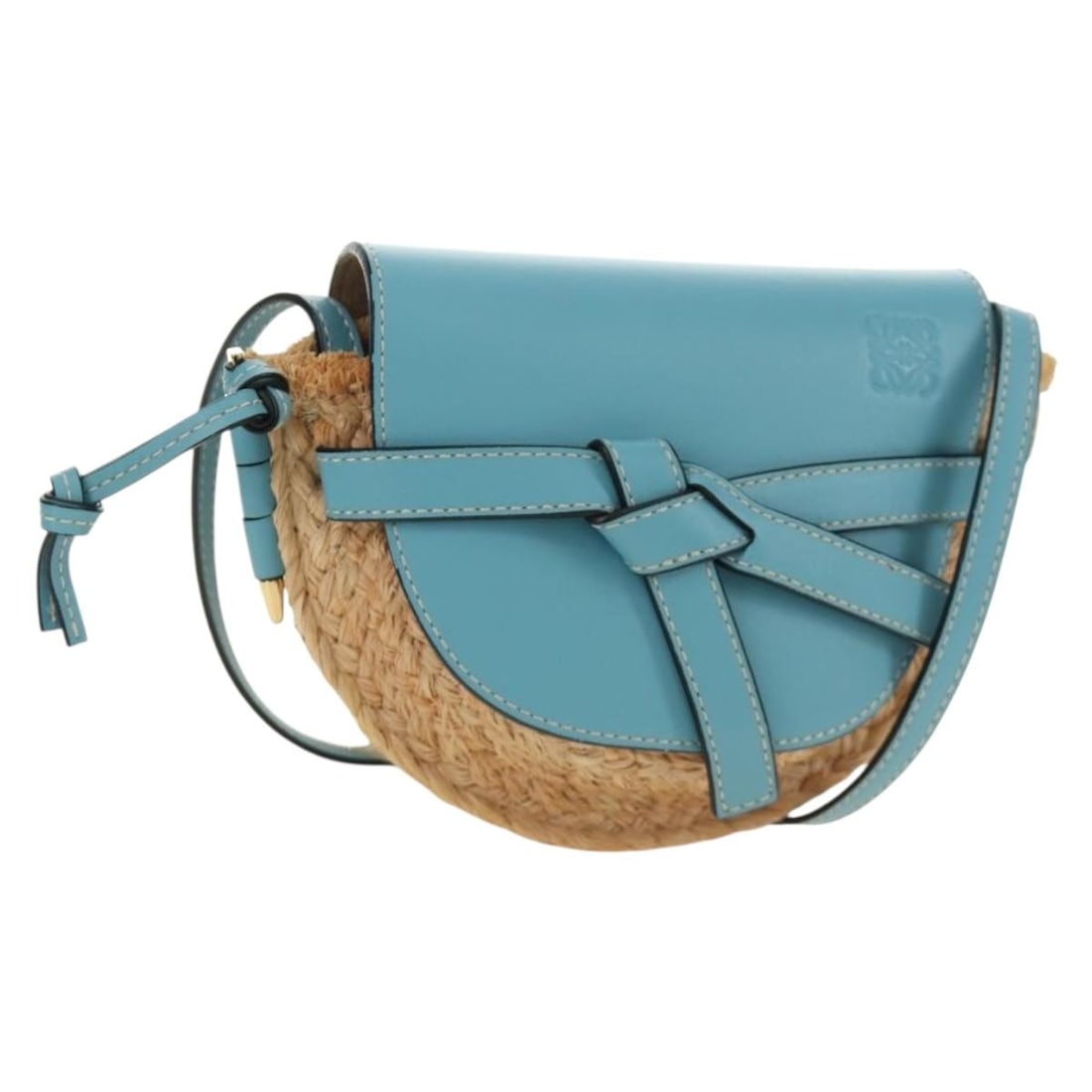 LOEWE Gate Shoulder Bag Light Blue Gold with Dust Bag: LOEWE Gate Shoulder Bag Light Blue Gold with Dust Bag LOEWE Gate shoulder bag in light blue and gold, made in Spain and accompanied by a dust bag. This women's bag features a shoulder strap and a comp