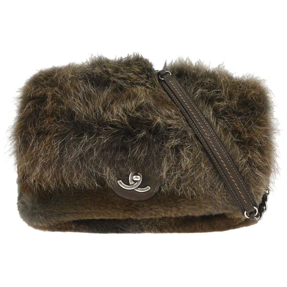 CHANEL Mini Shoulder Bag in Brown Rabbit Fur: CHANEL Mini Shoulder Bag in Brown Rabbit Fur Chanel brown rabbit fur shoulder bag with logo accents and inner pockets. Made in Italy, this mini bag includes a serial sticker and authenticity card. Con