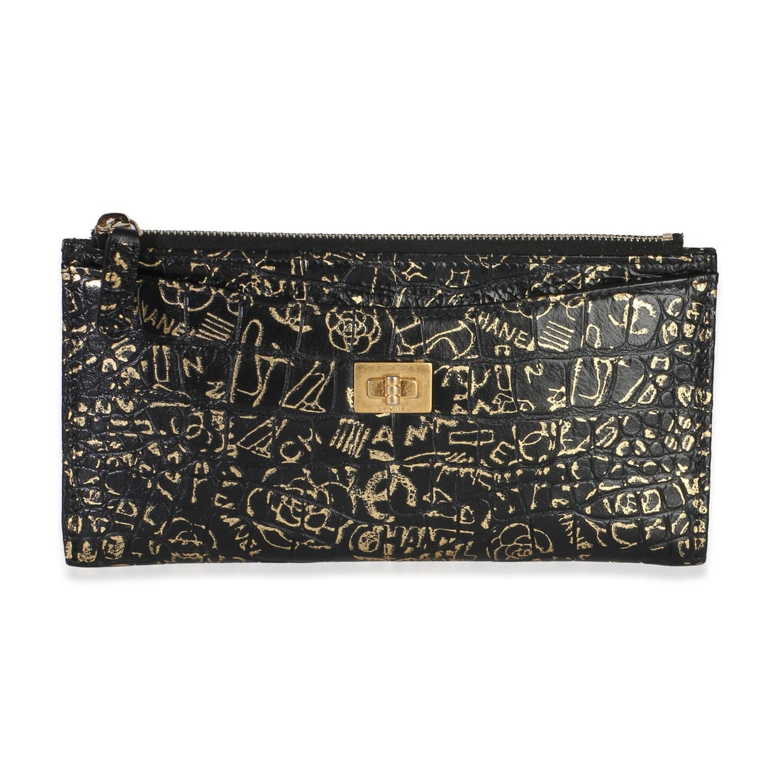 Chanel Graffiti 2.55 Reissue Zip Pouch Black Exotic Leather: Chanel Graffiti 2.55 Reissue Zip Pouch Black Exotic Leather Pre-owned Chanel Graffiti 2.55 Cocodile Reissue zip pouch in black with gold-tone hardware. This unisex pouch features a zip-top closure, bl