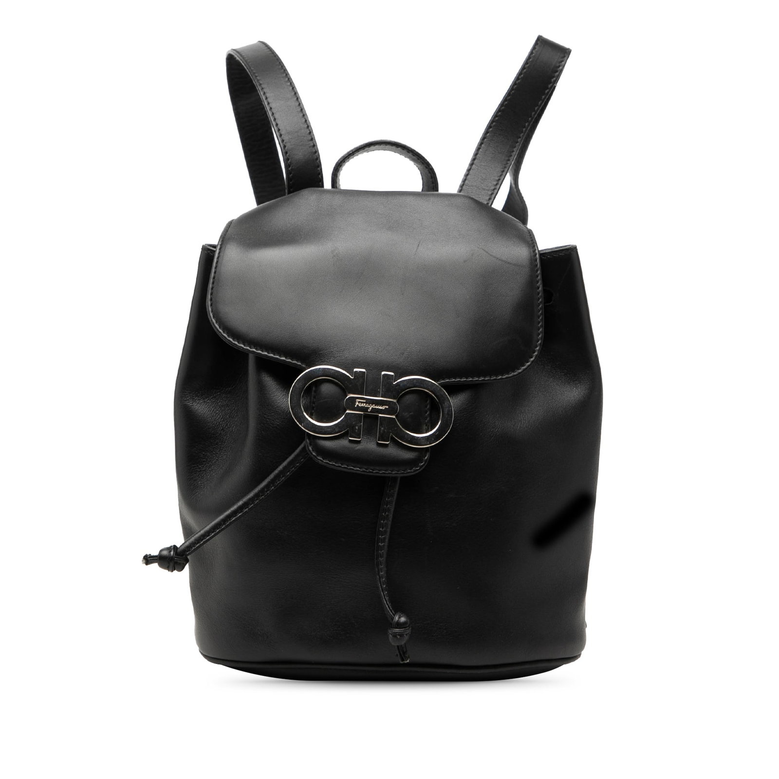 Ferragamo Double Gancini Leather Backpack Black Italy: Ferragamo Double Gancini Leather Backpack Black Italy Ferragamo Leather Double Gancini Backpack in black leather with adjustable flat back straps, a flat top handle, and a top flap with magnetic closu