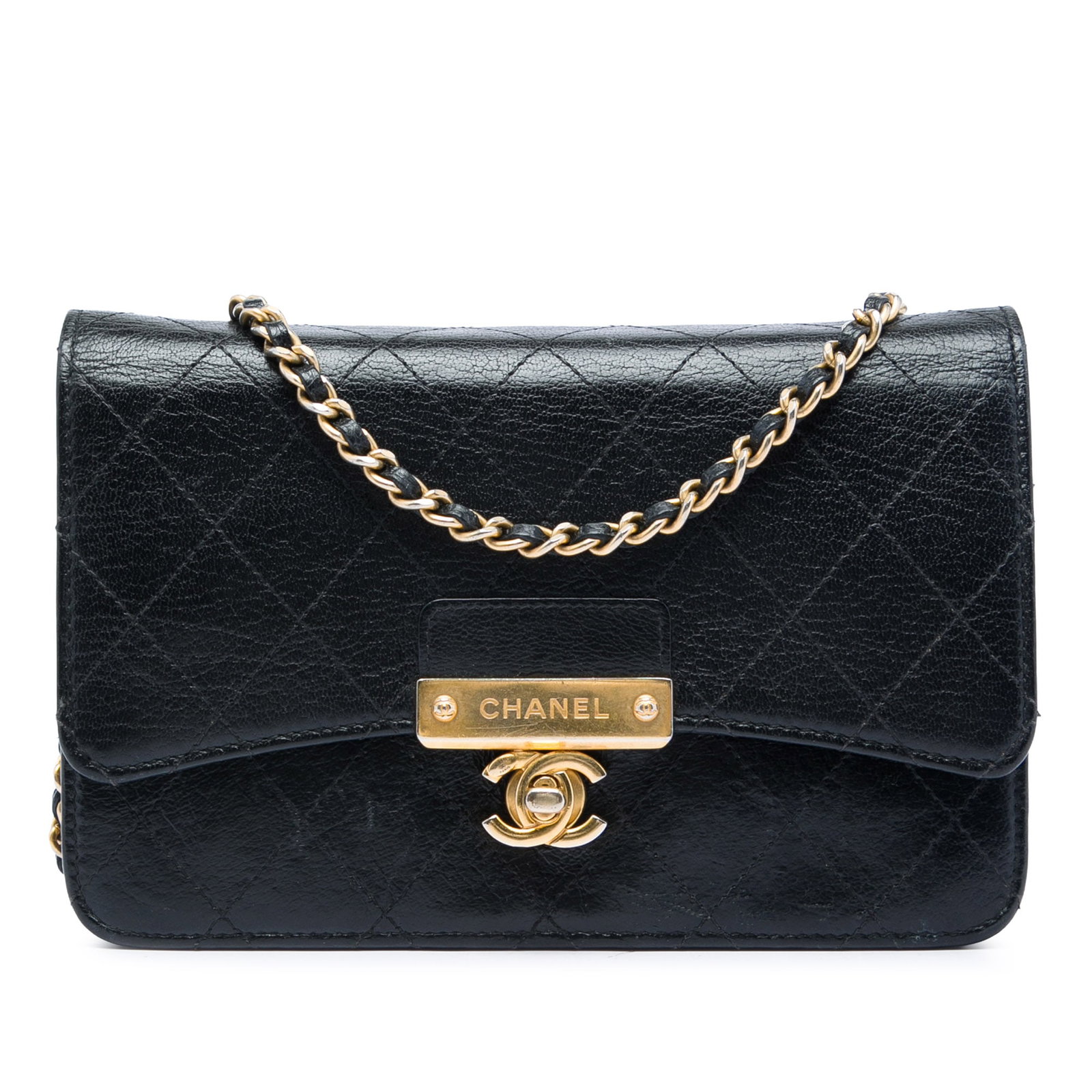 Chanel Golden CC Stitched Goatskin Wallet on Chain: Chanel Golden CC Stitched Goatskin Wallet on Chain Chanel wallet on chain in black stitched goatskin with a leather-woven chain strap and CC turn lock flap closure. The interior includes zip and slip 