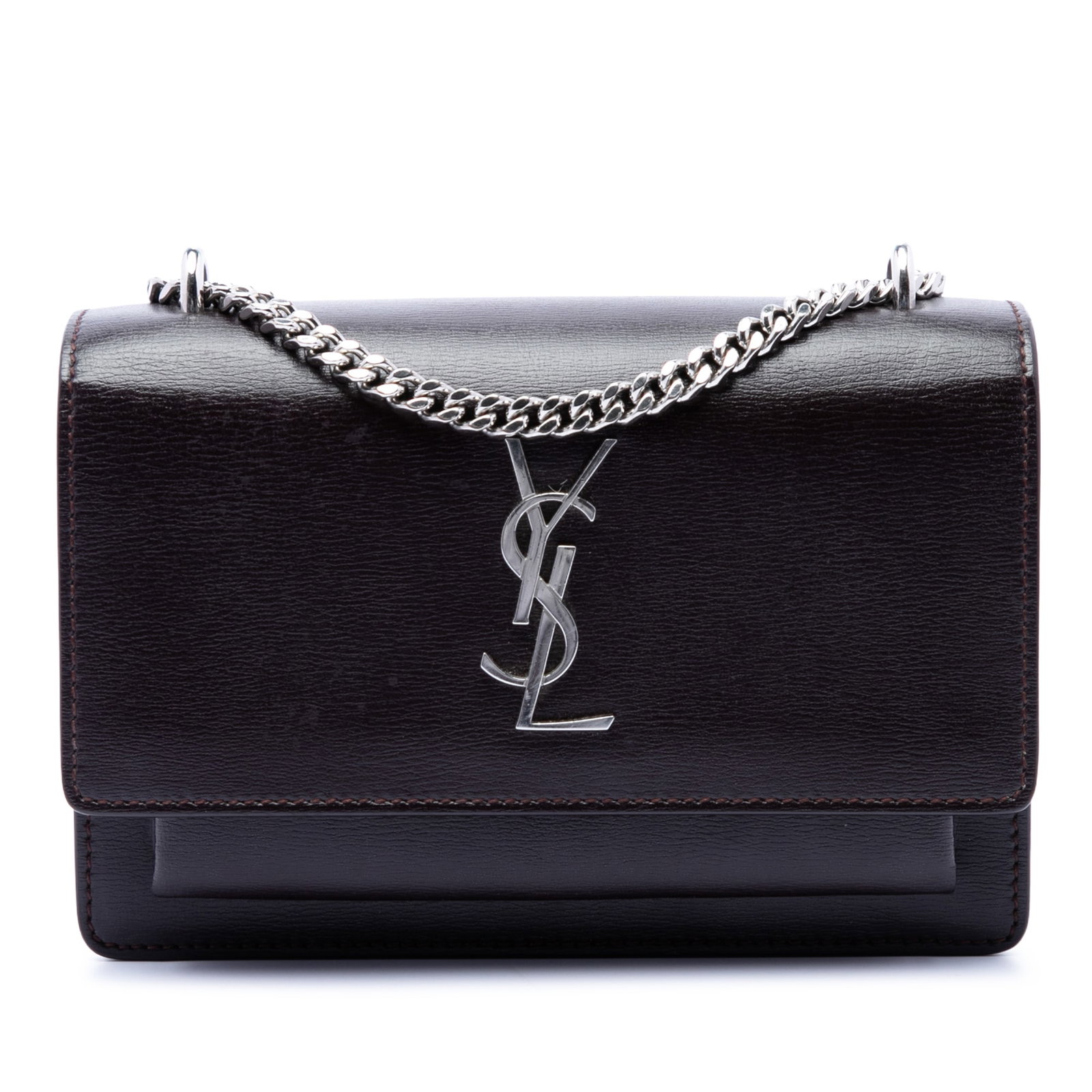 Saint Laurent Sunset Monogram Small Calfskin Crossbody Bag: Saint Laurent Sunset Monogram Small Calfskin Crossbody Bag Saint Laurent Small Calfskin Monogram Sunset Crossbody bag in brown leather, made in Italy. It features a leather body, a chain link strap wi