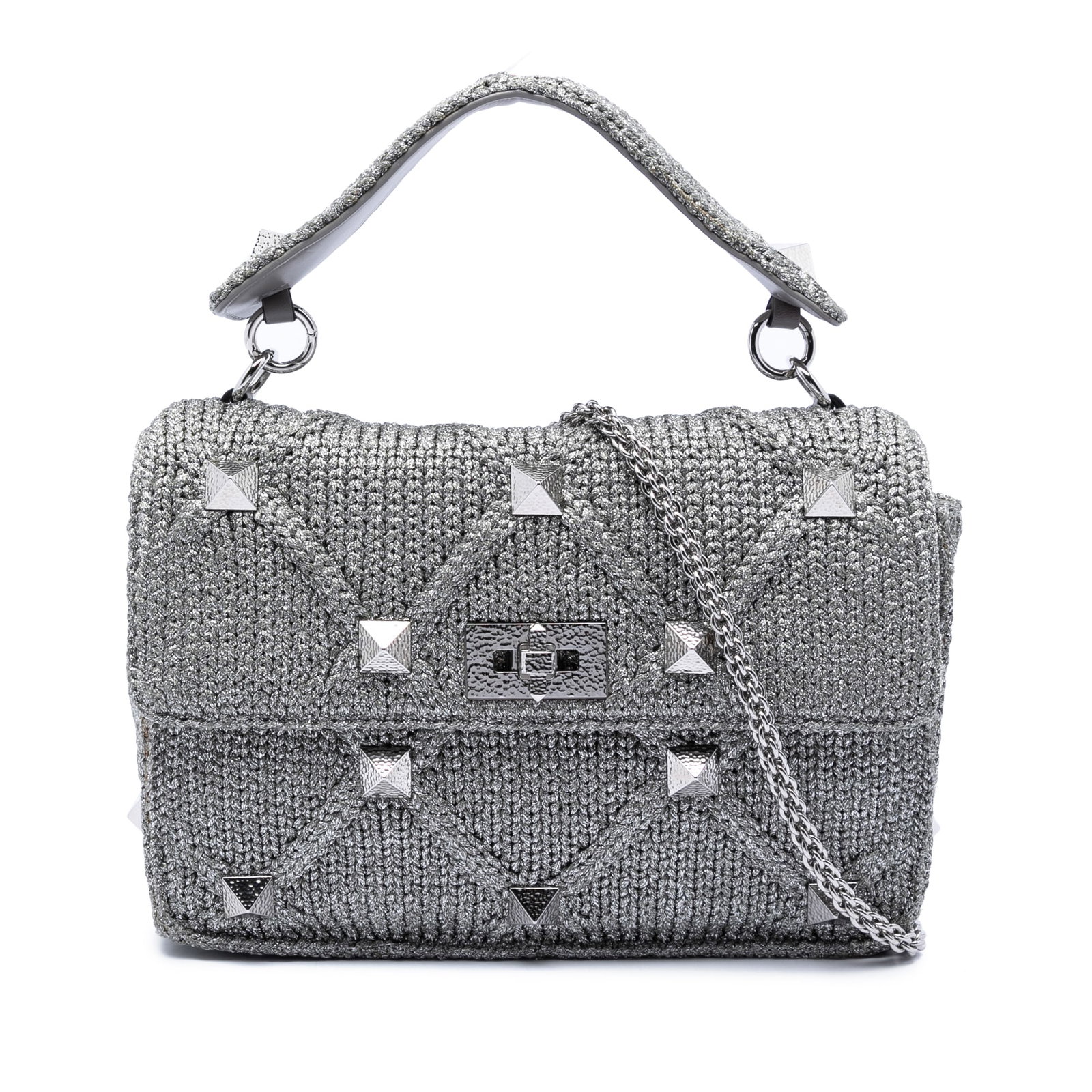 Valentino Roman Stud Large Metallic Knit Satchel Silver (1 of 6)