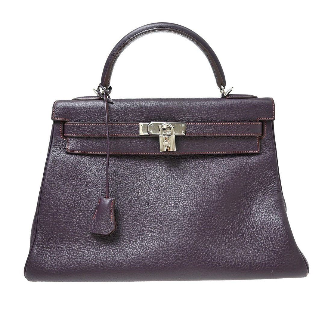 Hermes Kelly 32 Retourne Raisin Taurillon Clemence Top Handle Bag: Hermes Kelly 32 Retourne Raisin Taurillon Clemence Top Handle Bag Hermes Kelly 32 Retourne handbag in Raisin Taurillon Clemence leather, made in France. It features a turn lock flap closure, top handl