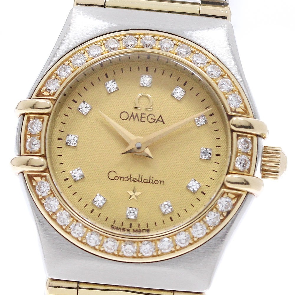 OMEGA Constellation 1267.15 Ladies Quartz Watch SS YG Diamond Bezel 12P Dial: OMEGA Constellation 1267.15 Ladies Quartz Watch SS YG Diamond Bezel 12P Dial Pre-owned OMEGA Constellation ladies quartz wristwatch with a diamond bezel and 12P diamond dial. This watch features a gol