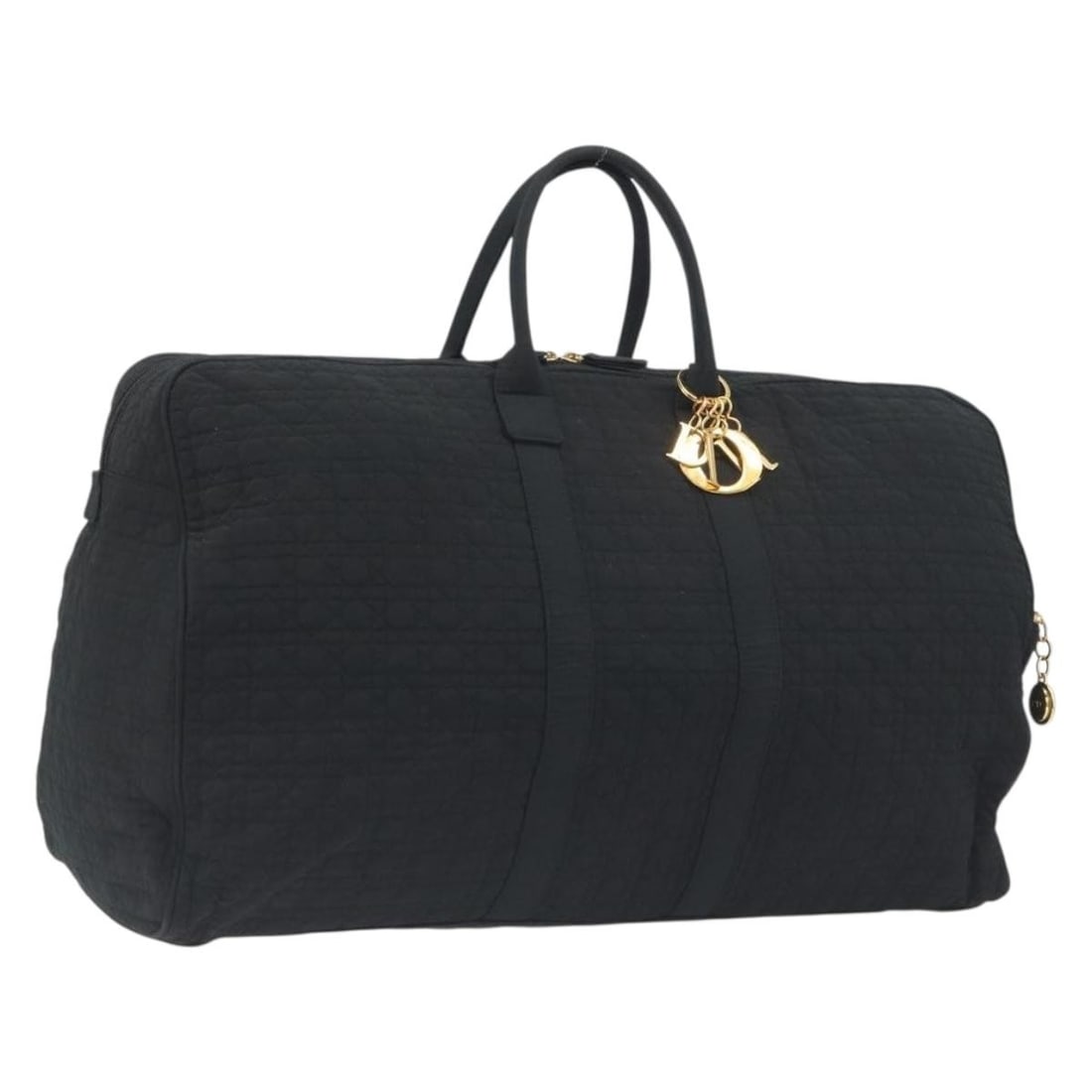 Christian Dior Boston Bag in Black Nylon with Charm: Christian Dior Boston Bag in Black Nylon with Charm Authentic Christian Dior Cannage Boston bag in black nylon with gold-tone accents. Made in Italy, this women's bag includes a charm accessory. Condi