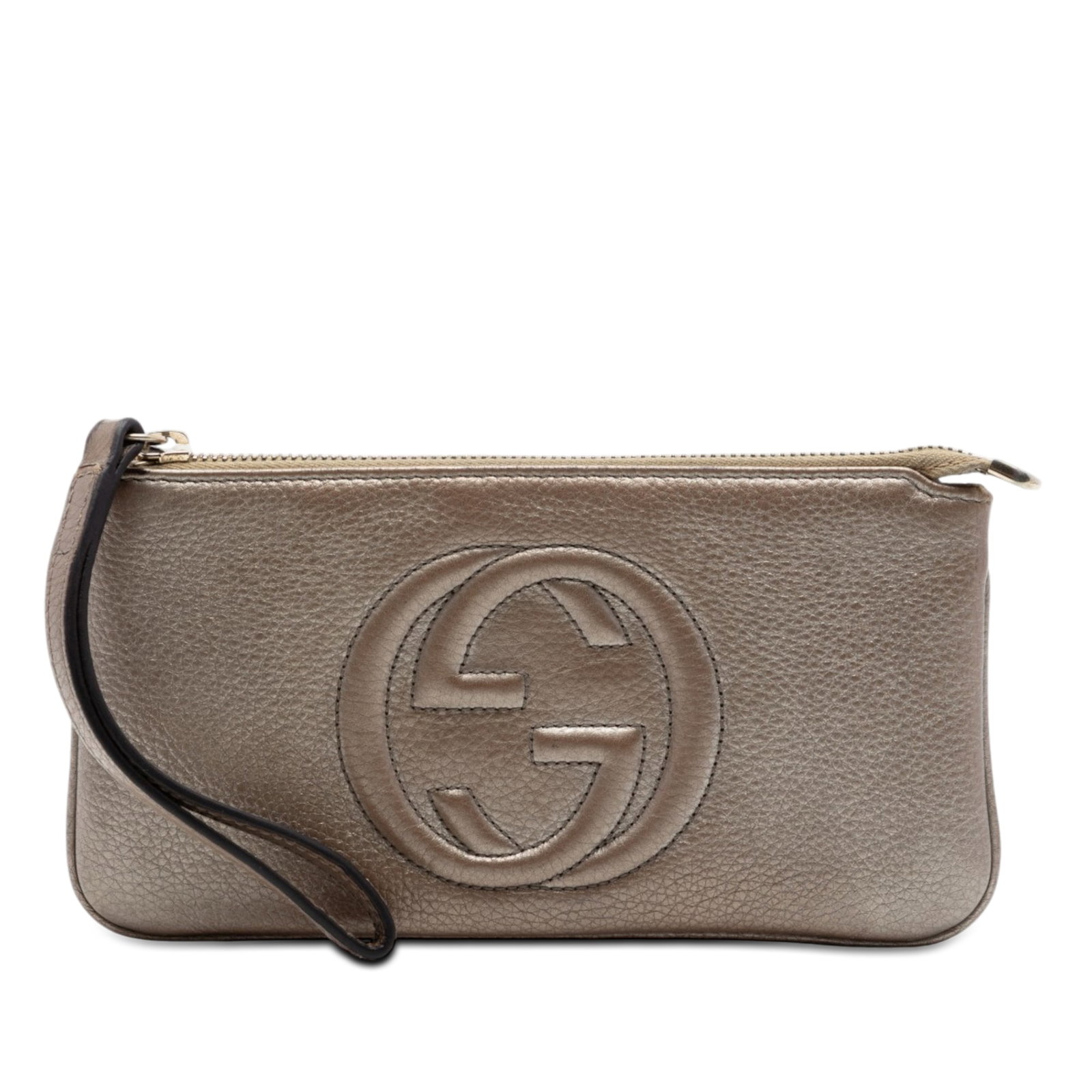 Gucci Soho metallic calfskin wristlet pouch: Gucci Soho metallic calfskin wristlet pouch This Gucci Metallic Calfskin Soho Wristlet Pouch is crafted from leather and features a flat leather wrist strap, a top zip closure, an interior zip compart