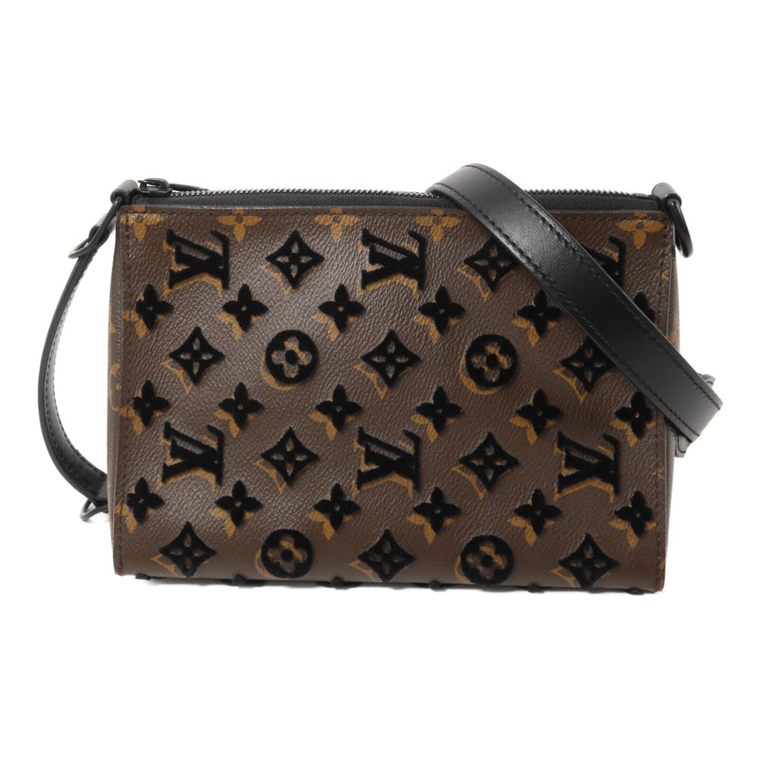 Louis Vuitton M45070 Triangle Messenger 2way Shoulder Bag Monogram Brown Black: Louis Vuitton M45070 Triangle Messenger 2way Shoulder Bag Monogram Brown Black Louis Vuitton Triangle Messenger bag in Monogram Tuffetage with a brown and black colorway. This women's 2-way shoulder b