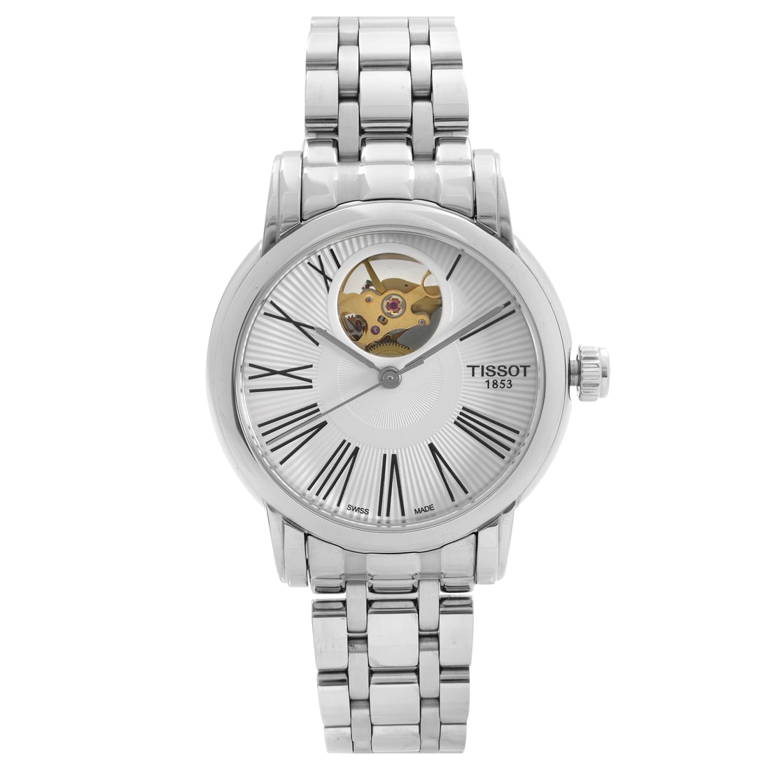 Tissot Lady Heart automatic watch T050.207.11.033.00 silver dial steel bracelet: Tissot Lady Heart automatic watch T050.207.11.033.00 silver dial steel bracelet Un-used Tissot Lady Heart automatic ladies watch with a silver dial, Roman numeral hour markers, and a skeleton window a