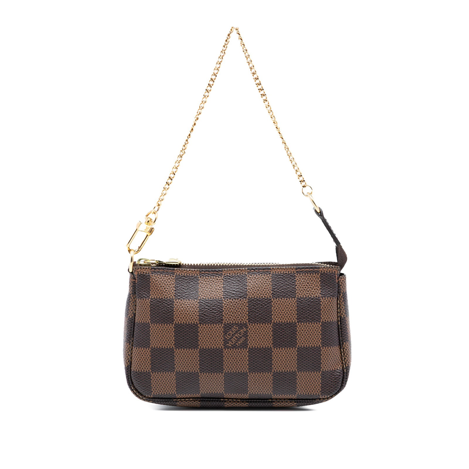 Louis Vuitton Damier Ebene Canvas Mini Pochette Accessoires with Chain Strap: Louis Vuitton Damier Ebene Canvas Mini Pochette Accessoires with Chain Strap This Louis Vuitton Damier Ebene Mini Pochette Accessoires showcases a classic damier canvas exterior in brown, complemented