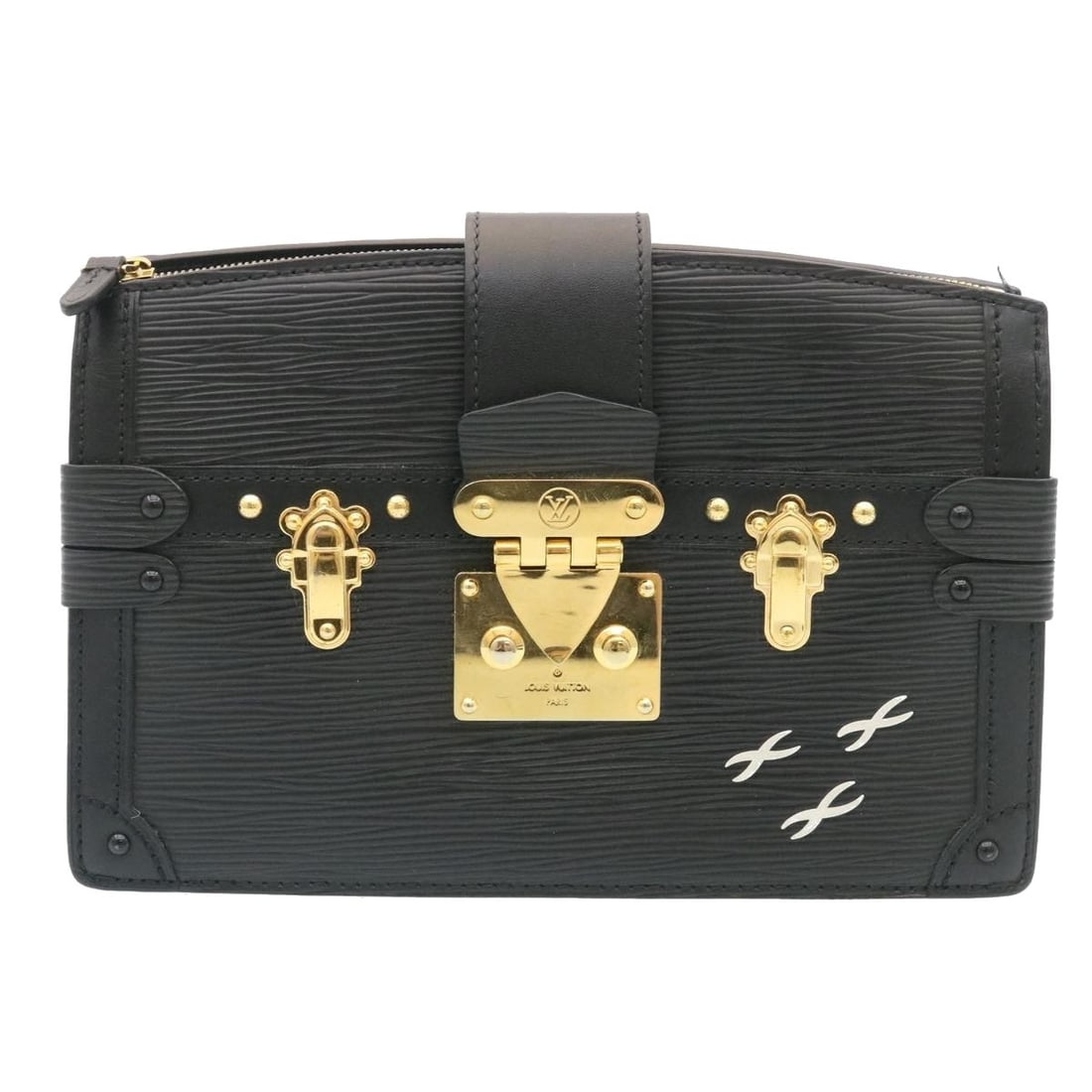 Black Epi Leather Trunk Clutch by Louis Vuitton France: Black Epi Leather Trunk Clutch by Louis Vuitton France This Louis Vuitton Trunk Clutch features Epi leather in black, designed for women. The bag has a structured silhouette with subtle surface rubbin