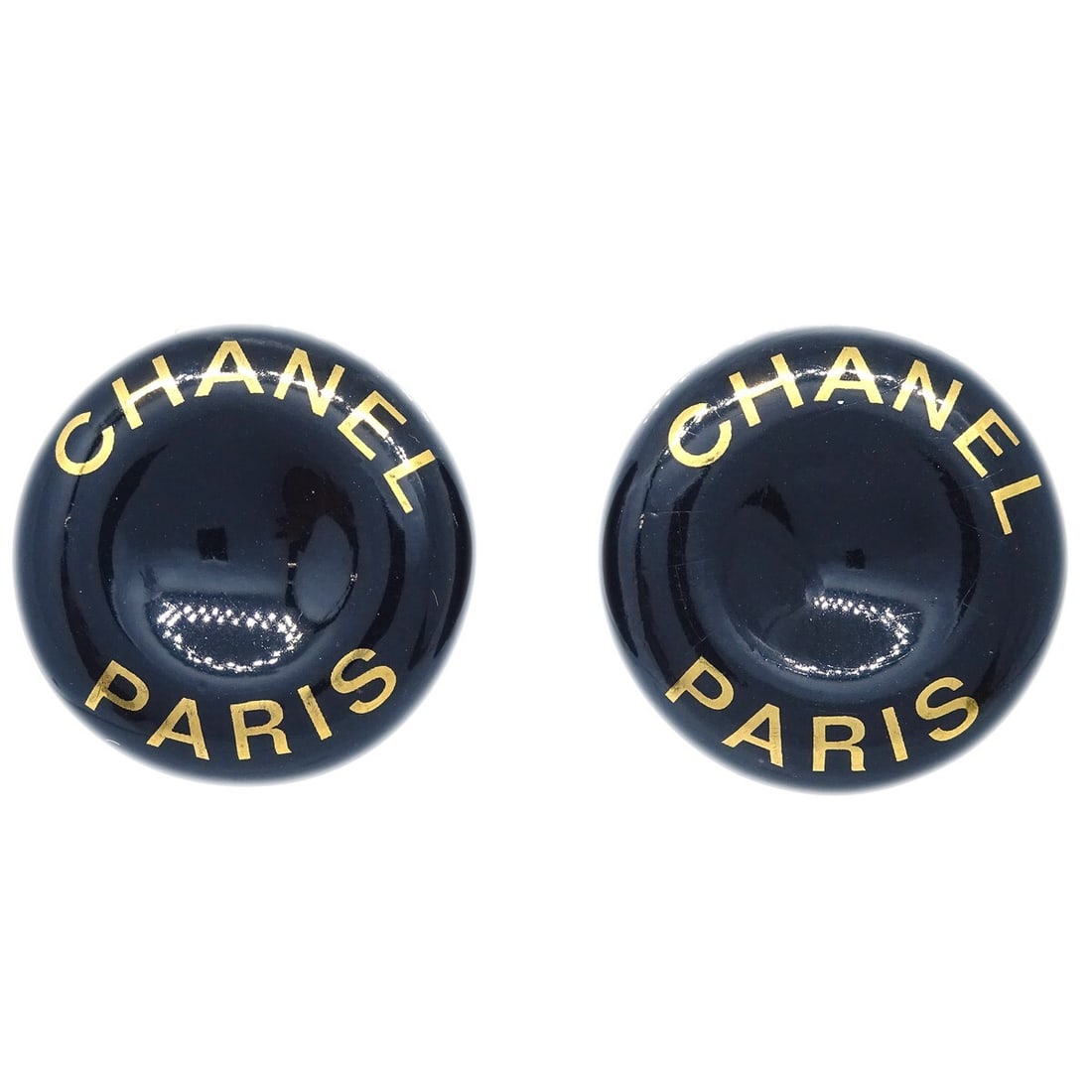 CHANEL 97P round clip-on button earrings black acrylic gold-plated: CHANEL 97P round clip-on button earrings black acrylic gold-plated Clip-on Chanel button earrings in black acrylic with gold-plated accents. Marked 97P and made in France, this round pair comes with i