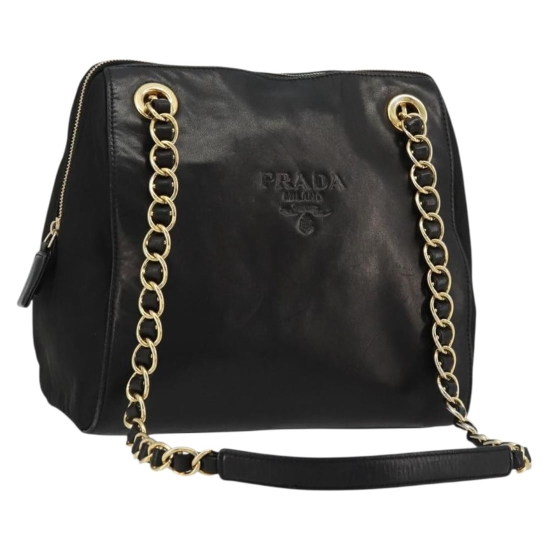 PRADA Black Leather Chain Strap Shoulder Bag with Dust Bag: PRADA Black Leather Chain Strap Shoulder Bag with Dust Bag Prada chain shoulder bag in black leather with gold-tone accents. Made in Italy, this women's shoulder bag includes a dust bag and guarantee 