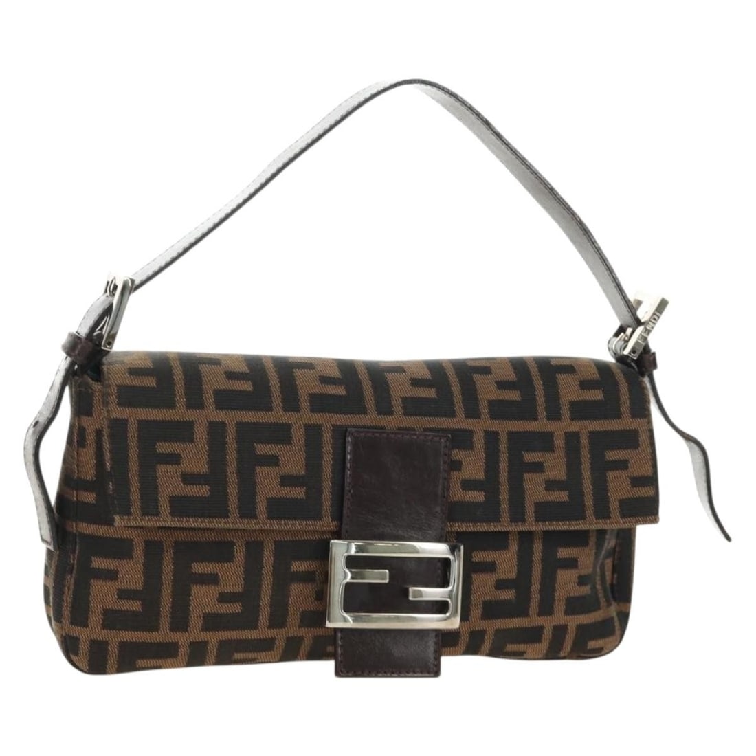 FENDI Mamma Baguette Shoulder Bag in Black Brown Zucca Canvas: FENDI Mamma Baguette Shoulder Bag in Black Brown Zucca Canvas Fendi Mamma Baguette shoulder bag in Zucca canvas with a black and brown colorway. Made in Italy, this women's bag comes with a dust bag a