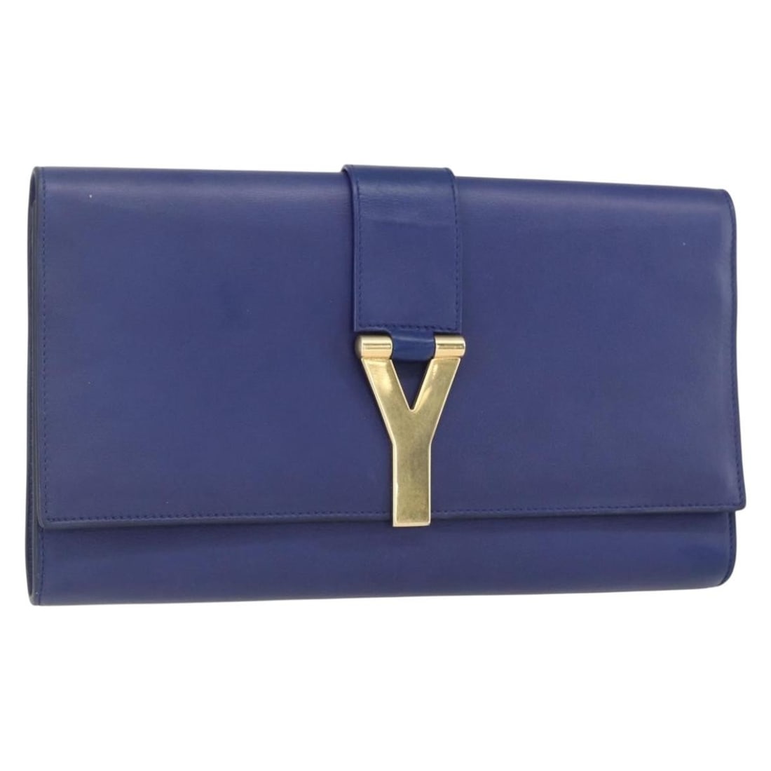 SAINT LAURENT Y Line Leather Clutch Bag Blue Gold Auth 157266V: SAINT LAURENT Y Line Leather Clutch Bag Blue Gold Auth 157266V This elegant SAINT LAURENT Y line Clutch Bag showcases a striking blue and gold color combination, crafted from high-quality leather. Des