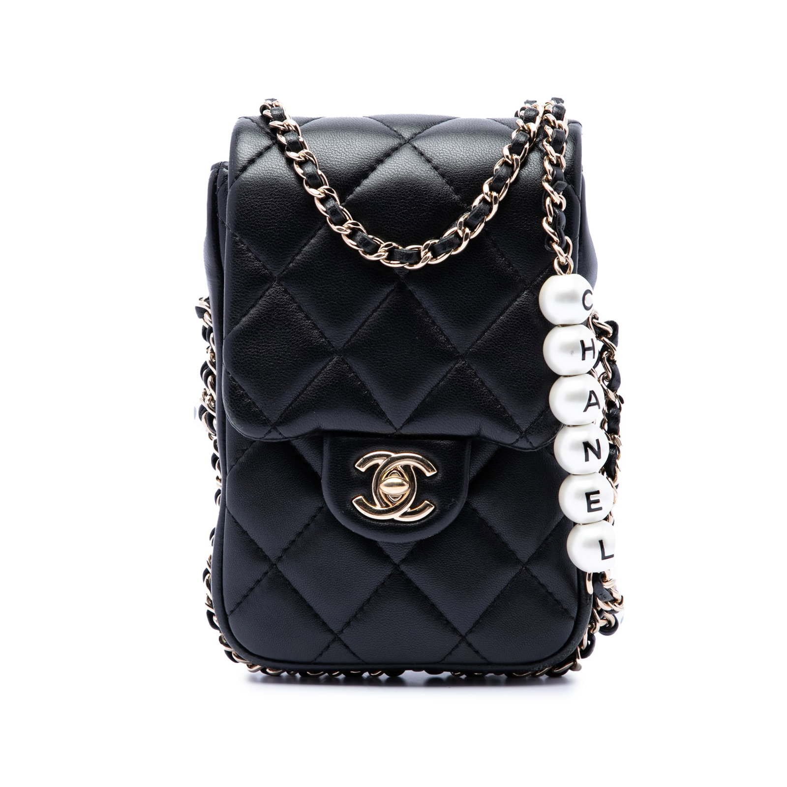 Chanel My Precious Pearls Lambskin Phone Crossbody Bag Black: Chanel My Precious Pearls Lambskin Phone Crossbody Bag Black Quilted lambskin phone holder crossbody bag with a leather-woven chain strap accented by faux pearl embellishments and a front flap with CC