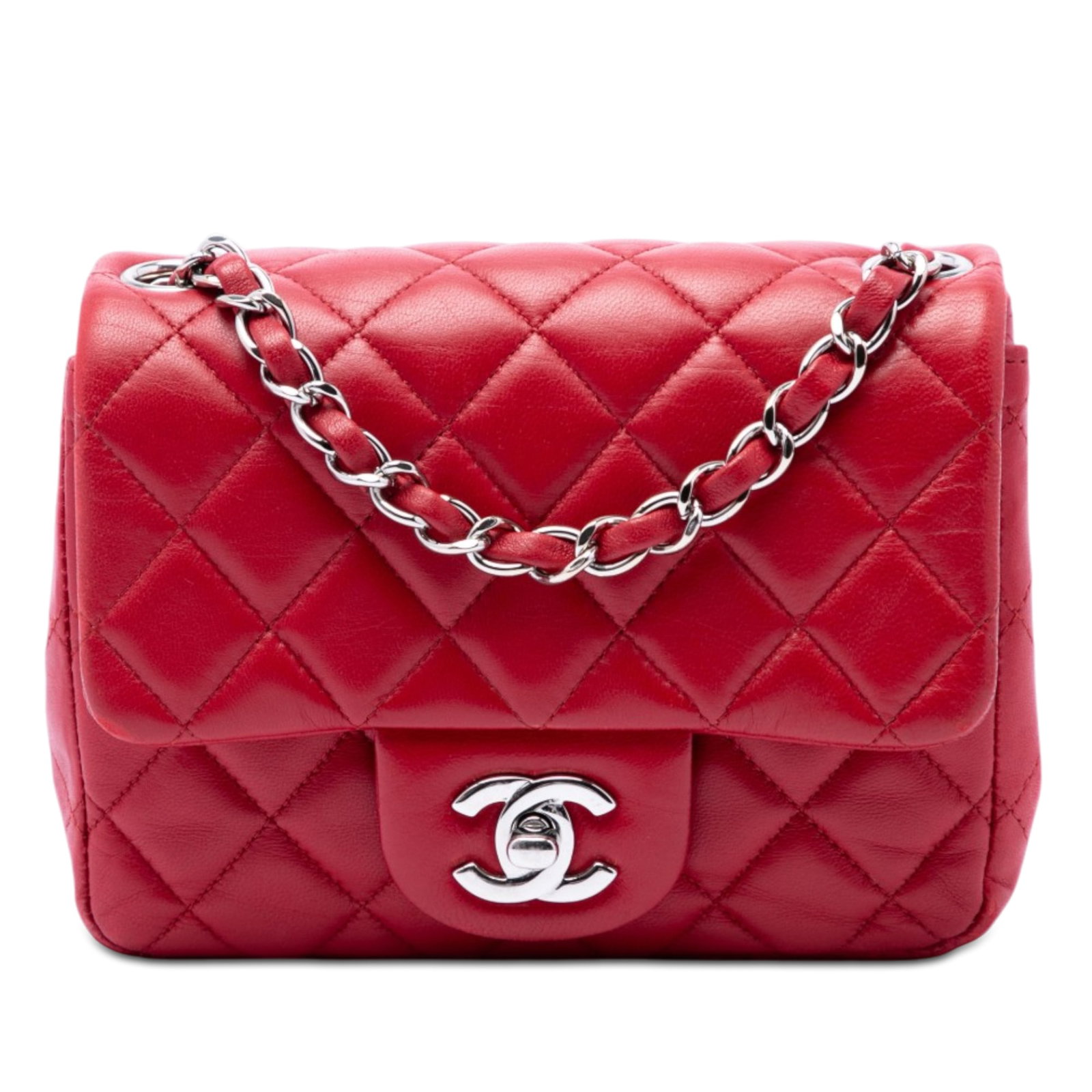 Chanel Mini Square Classic Single Flap Lambskin Shoulder Bag Red: Chanel Mini Square Classic Single Flap Lambskin Shoulder Bag Red Classic Chanel Mini Square flap bag crafted in red lambskin leather with a leather-woven chain shoulder strap and signature turn-lock f