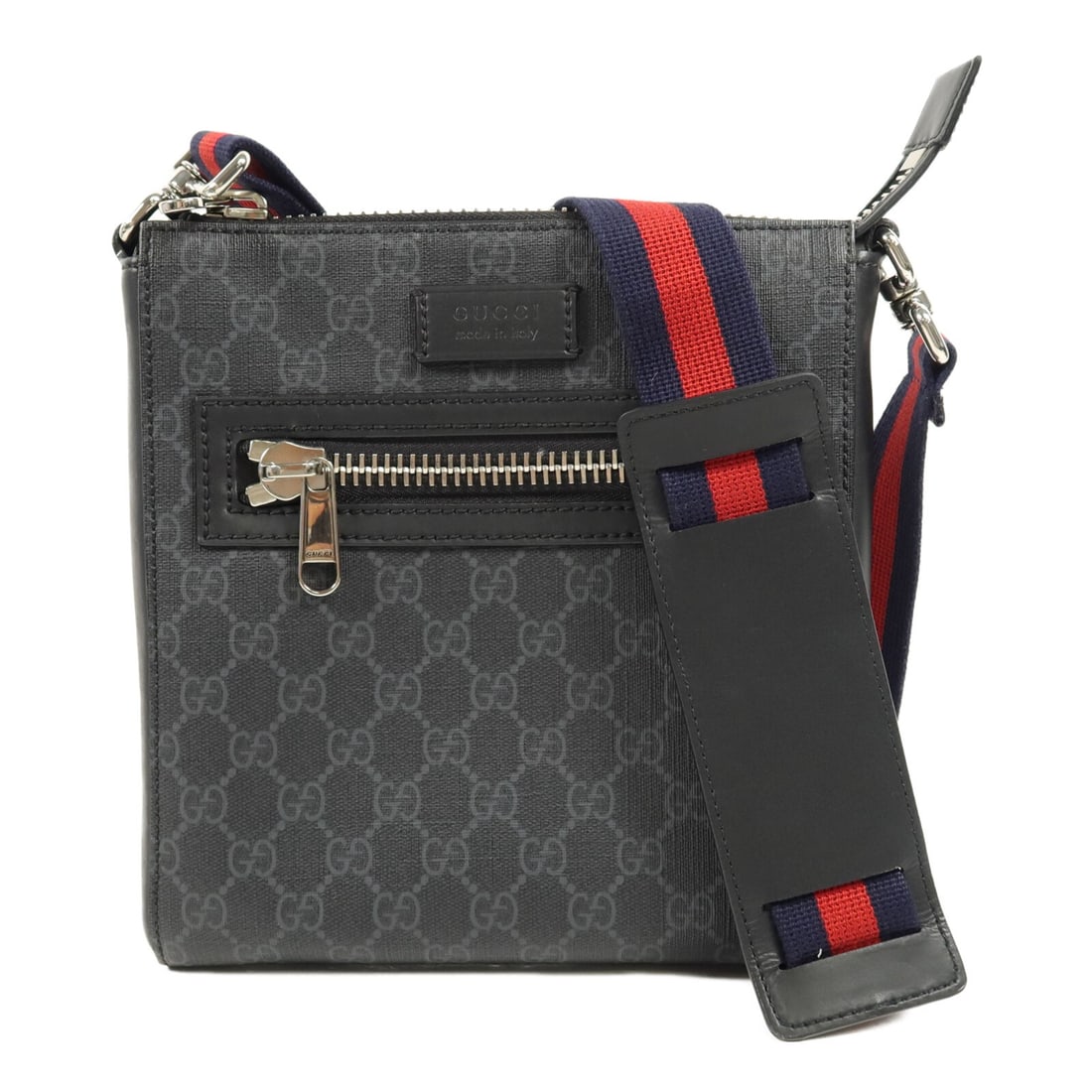 Gucci 523599 GG Coated Canvas Small Black Shoulder Bag: Gucci 523599 GG Coated Canvas Small Black Shoulder Bag Small messenger shoulder bag in black GG coated canvas with silver-tone hardware. This men's bag features a zip pocket and open pocket inside, pl