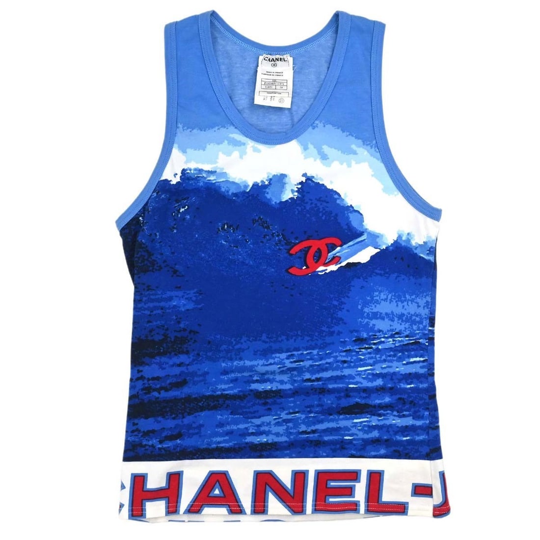 CHANEL Surf Line Blue Cotton Blend Sleeveless Tank Top: CHANEL Surf Line Blue Cotton Blend Sleeveless Tank Top Chanel Surf Line sleeveless tank top in blue, made in France. This regular-fit women's top features a round neckline, logo accent, and a casual s