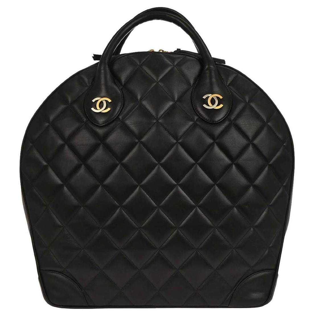 CHANEL Paris large black lambskin top handle bag: CHANEL Paris large black lambskin top handle bag Chanel Paris top handle handbag in black lambskin with logo accents. Made in France, this women's bag features a large silhouette with one interior zip