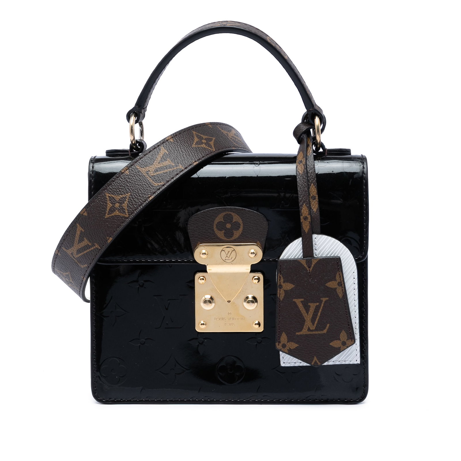 Louis Vuitton Spring Street handbag in black Monogram Vernis leather: Louis Vuitton Spring Street handbag in black Monogram Vernis leather Louis Vuitton Monogram Vernis Spring Street bag crafted in leather with a flat top handle, detachable flat strap, front flap with S