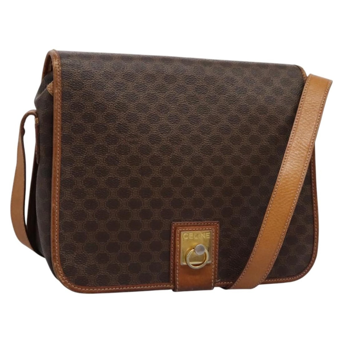 Celine Vintage Macadam Shoulder Bag Brown Canvas Leather: Celine Vintage Macadam Shoulder Bag Brown Canvas Leather This Celine Vintage Macadam Shoulder Bag is crafted from brown canvas with leather accents. Designed as a unisex accessory, it features the ico