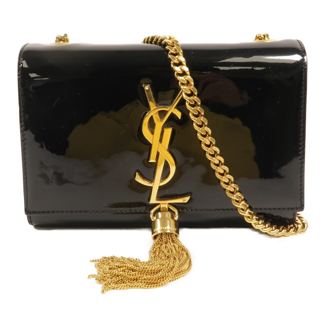 Saint Laurent Kate Small Patent Leather Shoulder Bag Black GLT326076: Saint Laurent Kate Small Patent Leather Shoulder Bag Black GLT326076 A Saint Laurent YSL Kate Small Chain Shoulder Bag in black patent leather with a black frame color. It features a magnetic pocket a